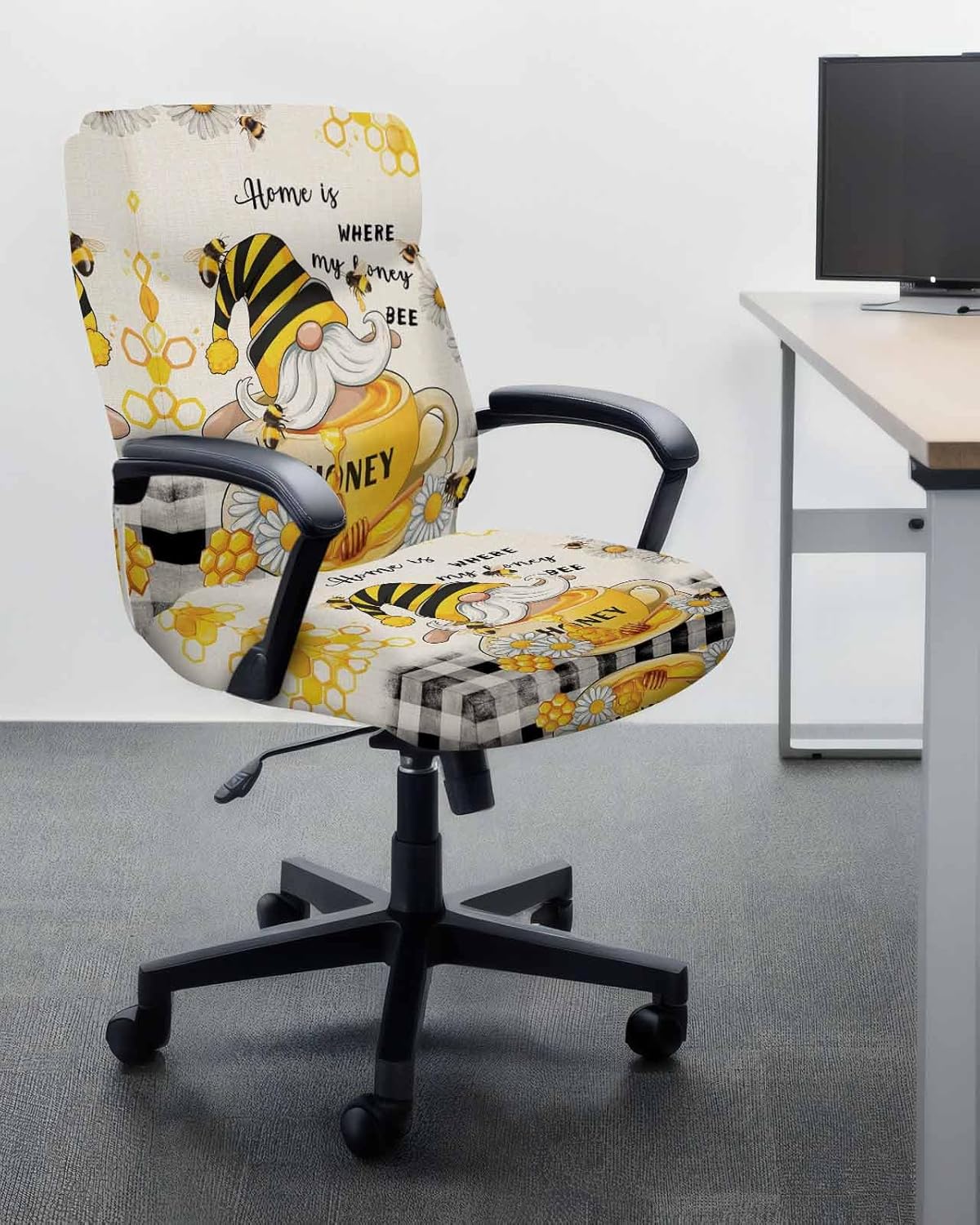 Honey Gnomes Office Chair Covers, Stretchable Rotating Chair Slipcovers, Spring Floral Yellow Summer Bee Black Plaid Spandex Universal Boss Chair Cover Removable Washable Chair Seat Cover, Large