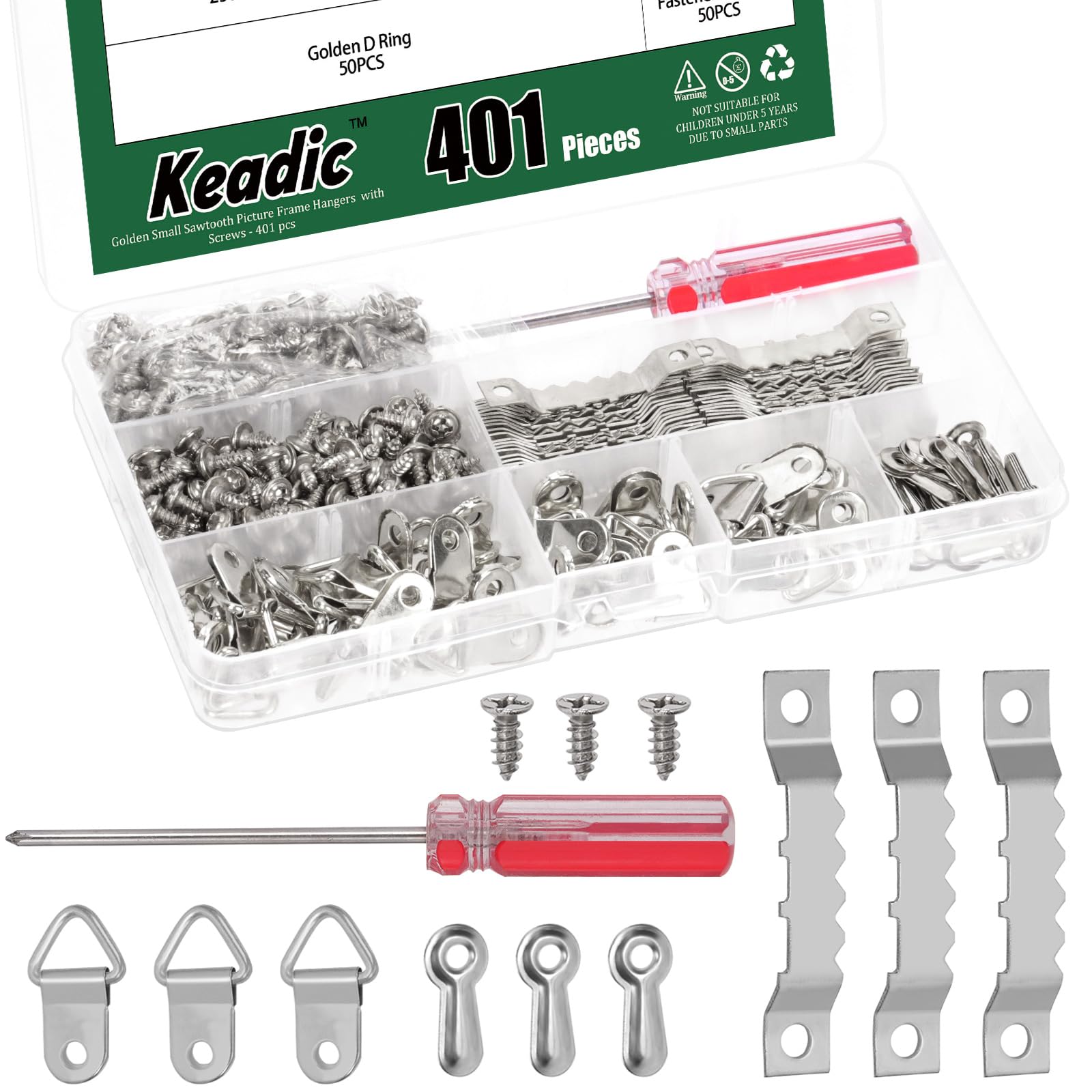 Keadic 401PCS Picture Frame Hangers Assortment Kits Including Sawtooth Photo Frames Holder, Picture Frames Turn Button, D Ring Picture Frame Hanger, Screwdriver for Hanging Pictures(Silver)