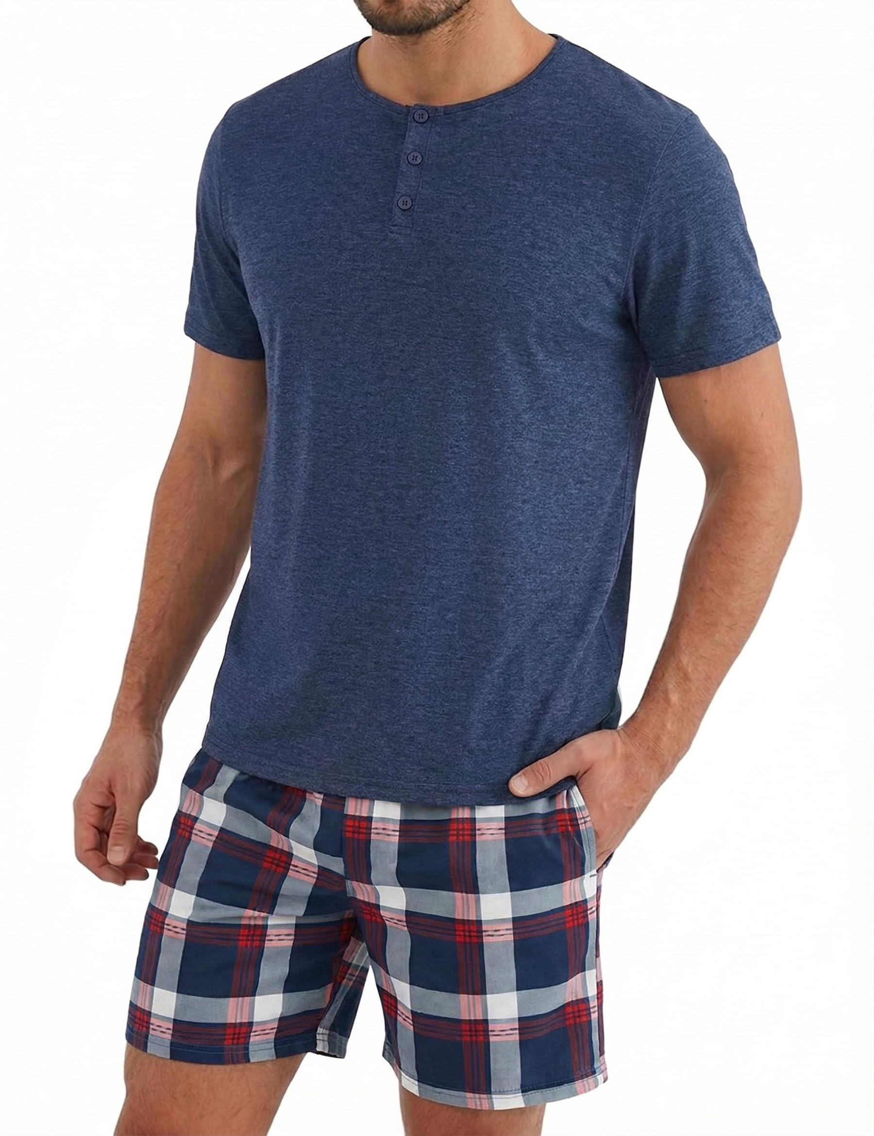 Uniexcosm Schlafanzug Herren Kurz Pyjama Set Baumwolle Zweiteiliger Kurzarm Nachtwäsche Oberteil und Karierte Kurze Hosen Sleepwear für Sommer