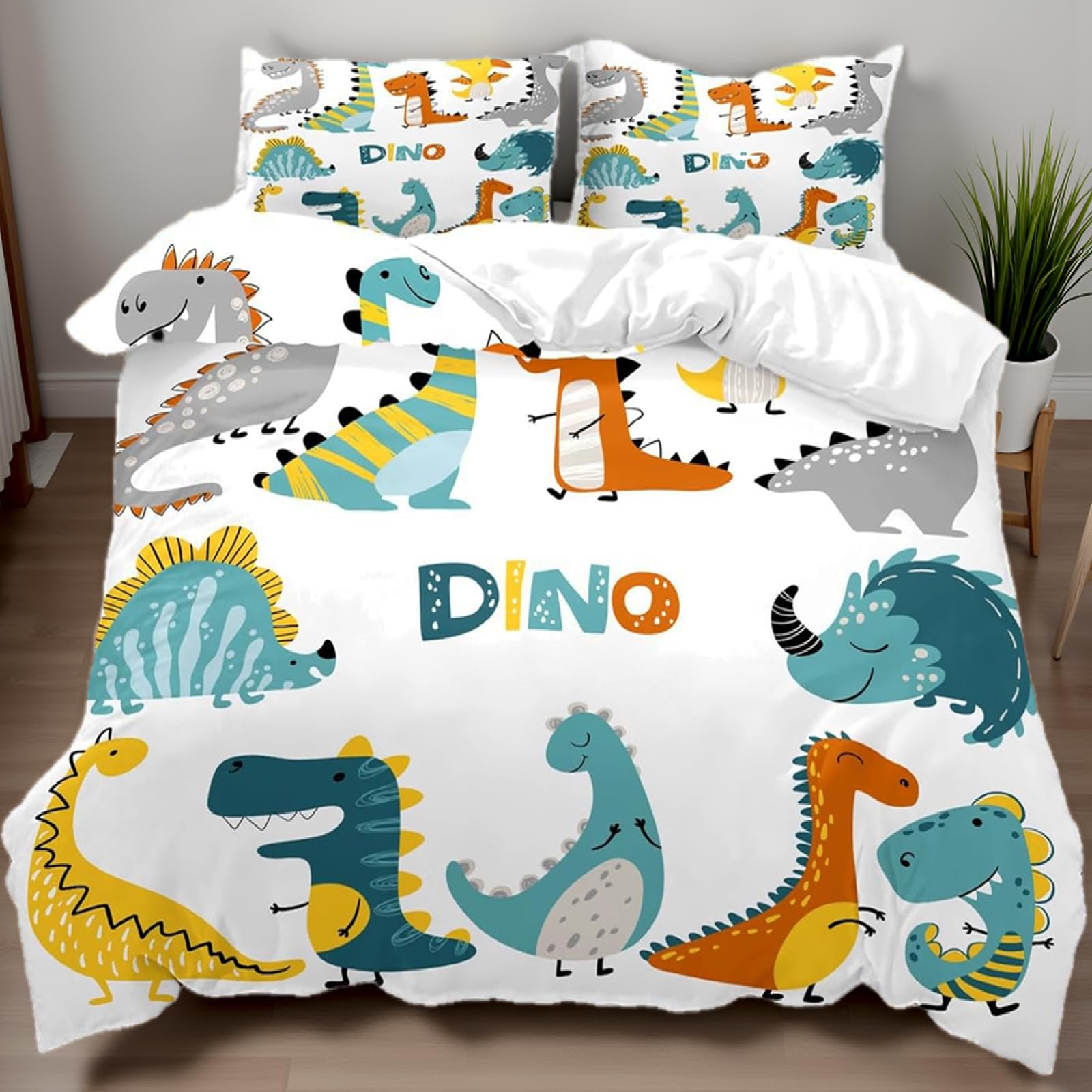 Housse de couette 135x200 dinosaure pour lit enfant avec ses deux taies d'oreiller zippées
