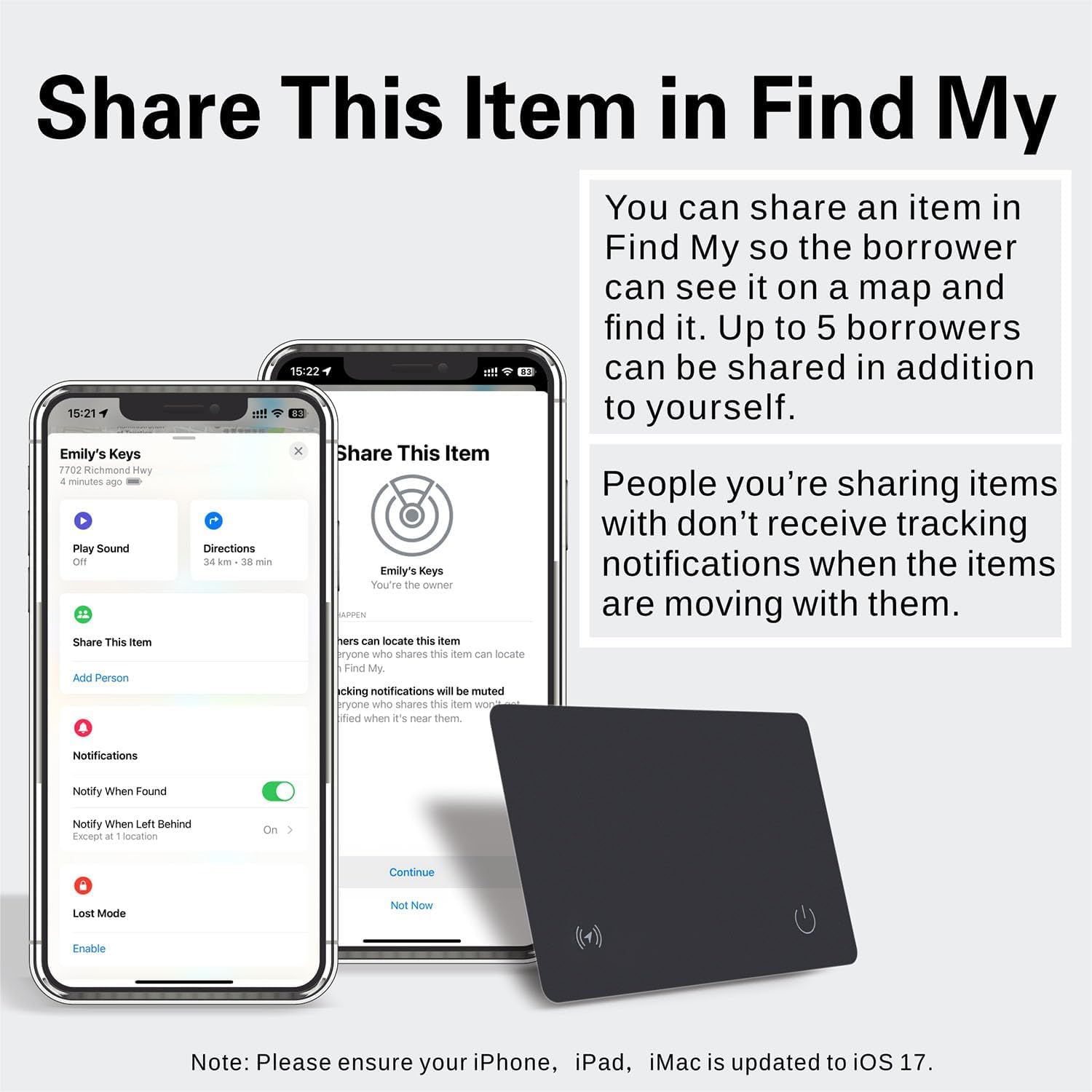 Reyke Lot de 2 cartes de suivi de portefeuille rechargeables compatibles avec Apple Find My (iOS uniquement) pour étiquettes de bagages, téléphones portables, passeports, étanchéité IP68