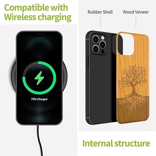 Miniatura 8 de Carveit Funda magnética de madera para iPhone 12 Pro madera real dura y TPU suave negro a prueba de golpes, funda de madera única y elegante
