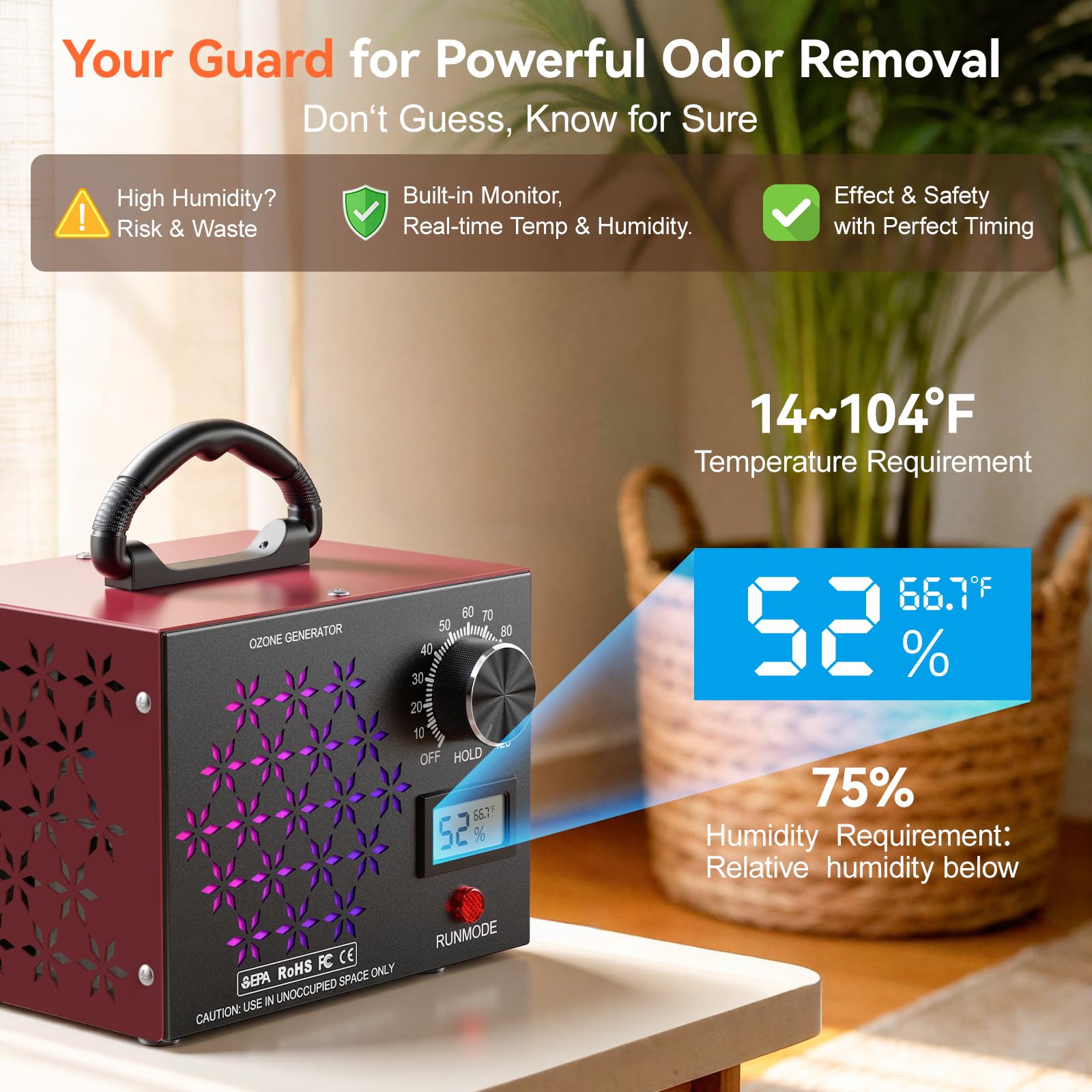 Générateur d'ozone 120 000 mg/h avec affichage de la température/l'humidité, triple aérations latérales pour une meilleure circulation de l'air – Purificateur d'air plus rapide et plus large pour la
