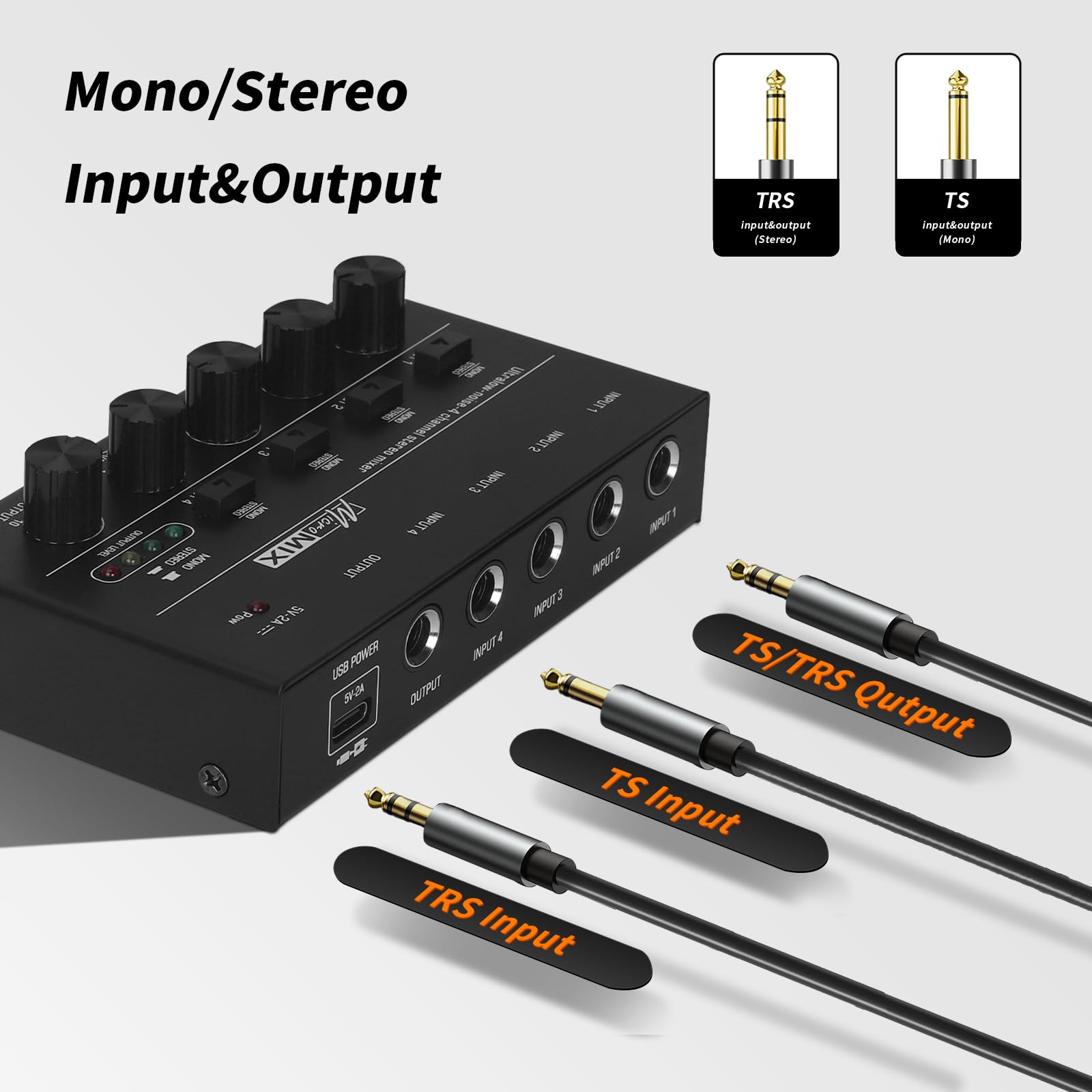 Horse Audio Mixer Line Mixer, 4-Channel Stereo Line Mixer for Sub-Mixing, Ultra Low Noise Operation, for Guitar, Microphone, Bass, Digital Keyboard, Suitable for Bar and Small Club, Black