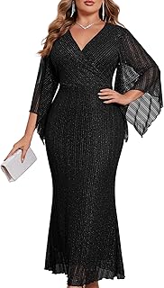 Plus Size Sparkly Formal Dress Lace Maxi V Neck Mermaid Cocktail Evening Wedding Guest