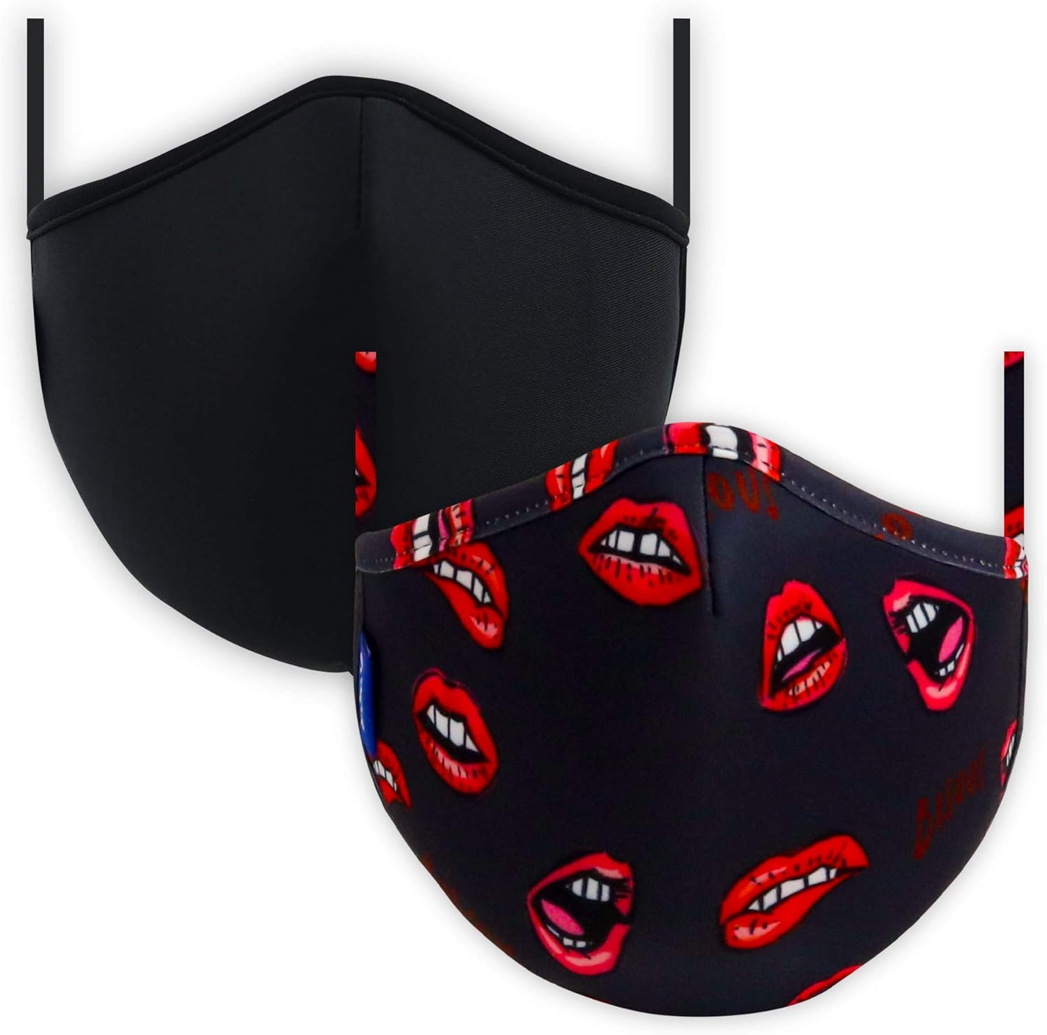 AIR GUARD Premium (2-Pack) Structured Reusable Fitted Fabric Face Mask, Bisous Lips + Black (Love Struck)