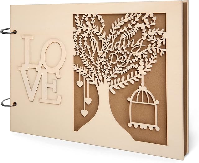 LQKYWNA Wedding Guest Book, Personalised Wedding Guestbook, Rustic Wooden Engagement Album Scrapbook DIY Adventure Scrapbook with Couple's Photo Slot (40 Pages)