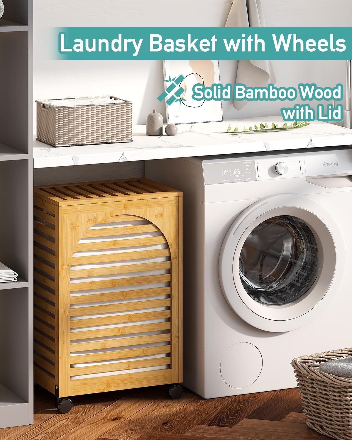 laundry hamper with wheels, laundry basket with lid, 22.5gallon (85l) bamboo wood clothes laundry hamper 2 section with handles, removable liner natural medium
