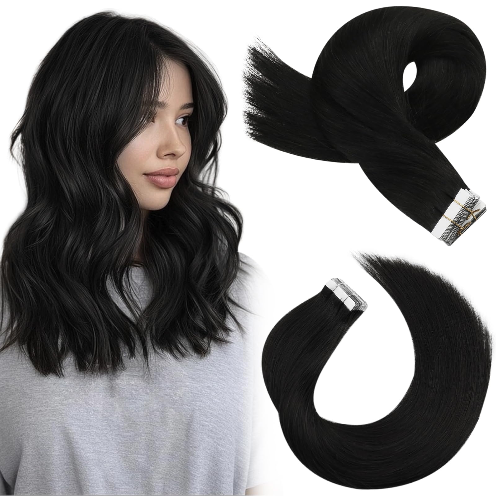Moresoo Tape Hair Extensions Real Human Hair 18 Inch Jet Black Human Hair Extensions Tape in Black Remy Hair Straight Silky Soft for Women Natural Looking 20pcs/50g #1 — view 82