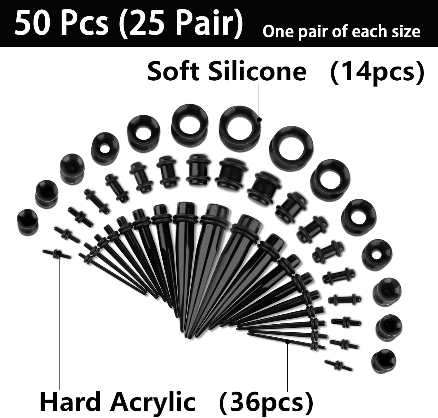 50 Pcs Ear Stretching Kit, Acrylic Gauges for Ears 14G-00G, Lightweight Tapers+ Plugs+ Silicone Tunnels, Gauge Stretching Kit, Piercing Earring Jewelry, for Men, Women, Starter Expanders