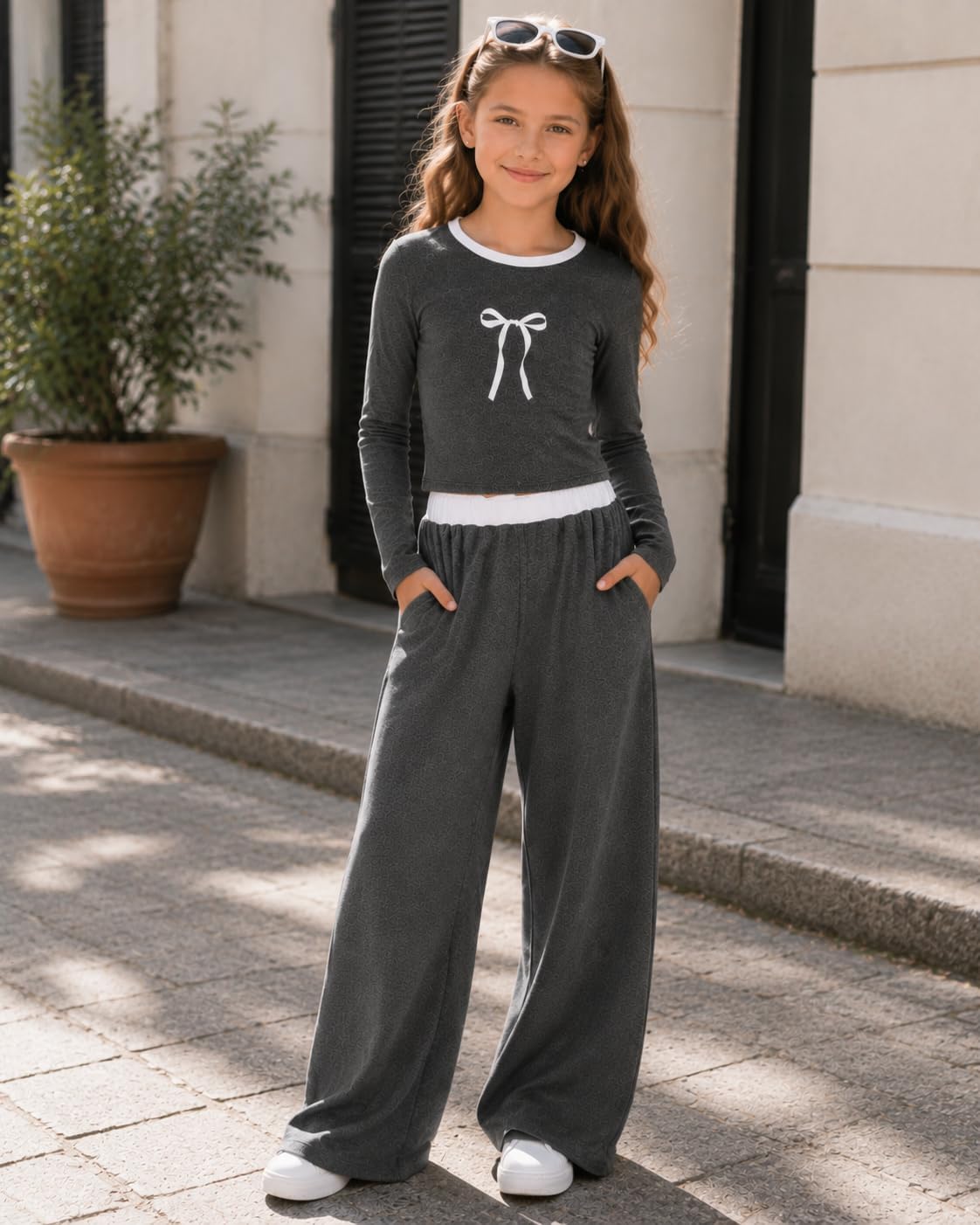 Azmxynol Tween Girls Clothes 2 Piece Outfit Long Sleeve Top + Wide Leg Pants Girl Trendy Clothing Set, Sizes 7-16 Years