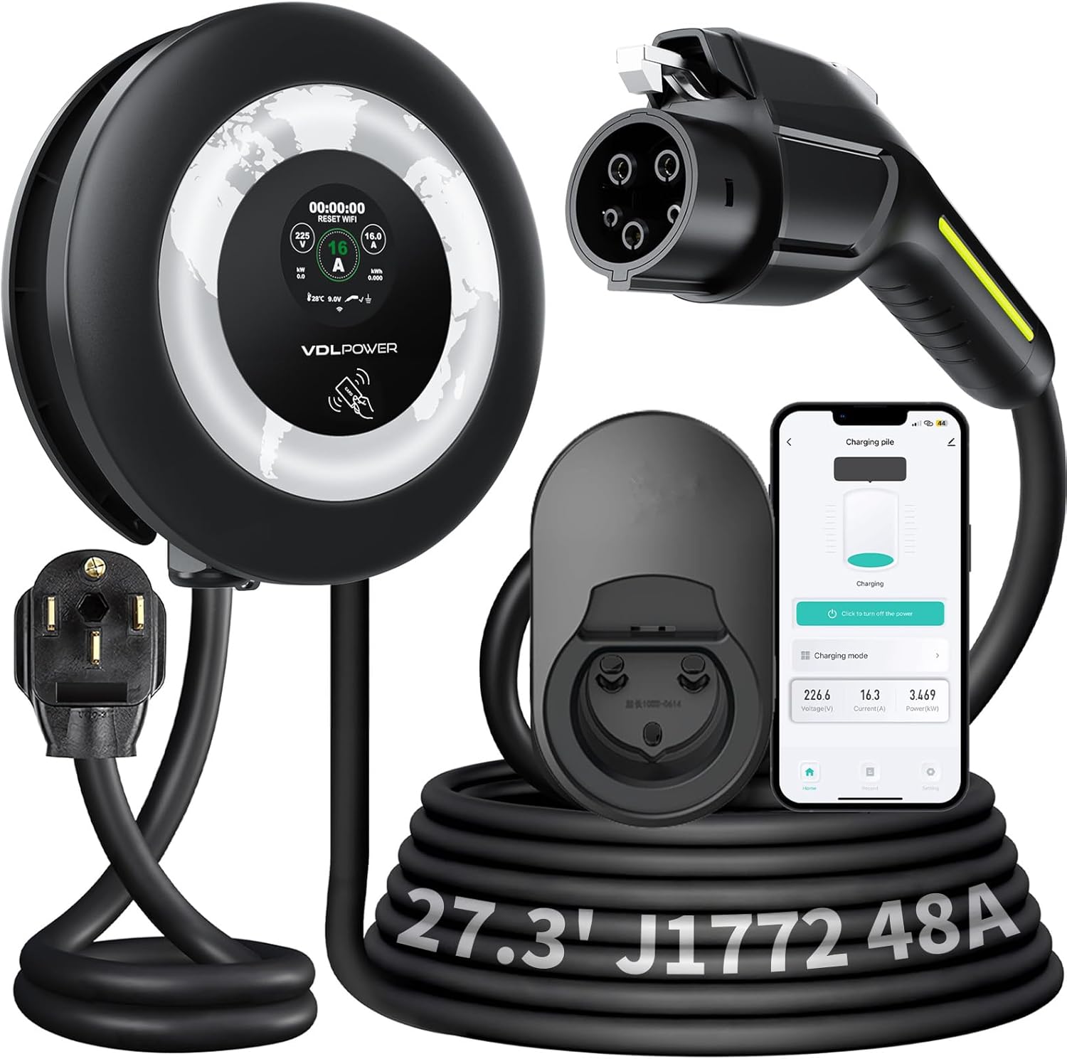 Level 2 EV Charger, 11.5KW /50A Fast Home Charging Station, 27.3ft Extended Charging Cable, J1772 Wall Car Charger with Smart App (WiFi), 240V Electric Car Charger with NEMA 14-50 EC51B