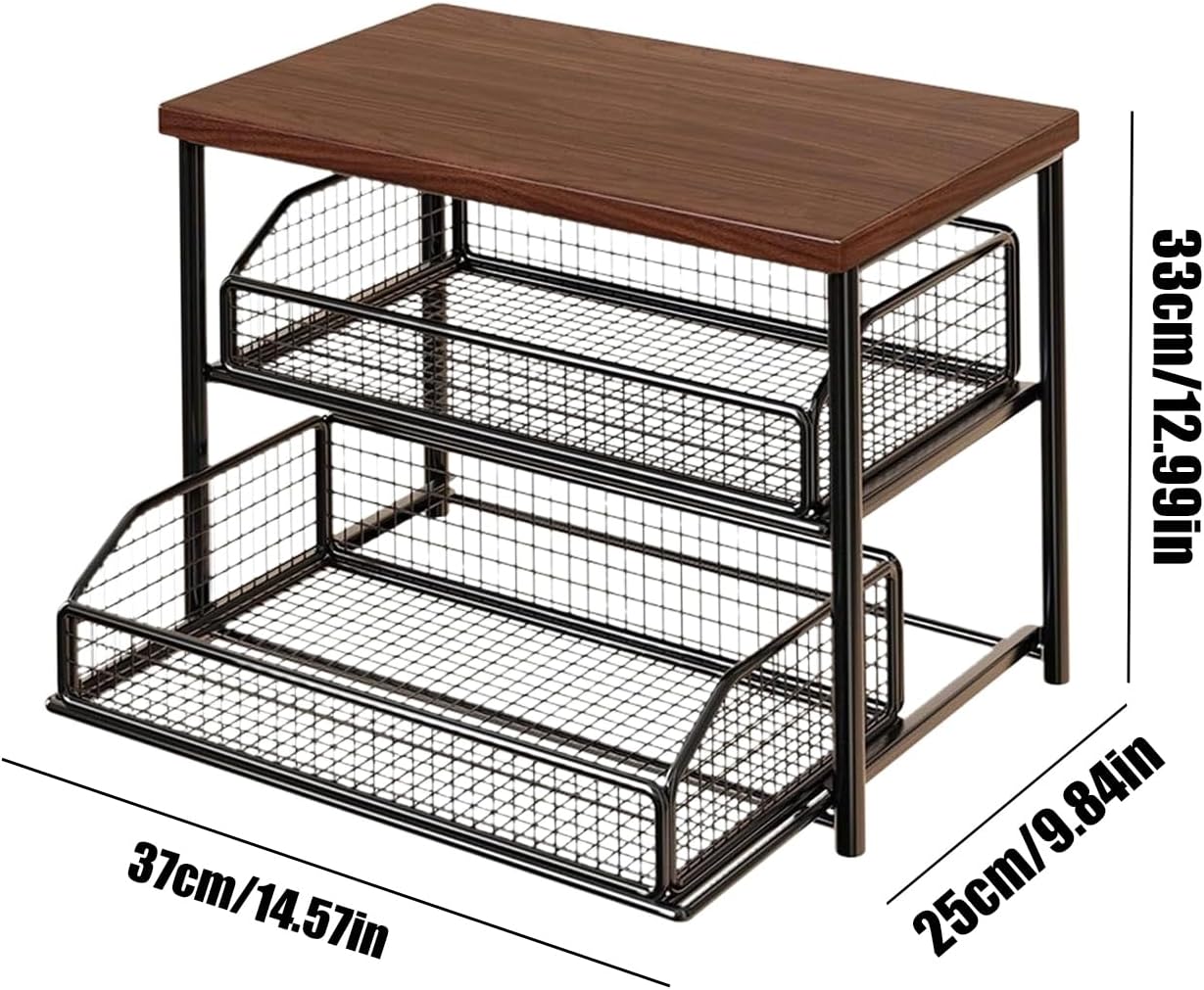 Countertop Storage Rack - Coffee Pods Organizer, Iron and Wood Countertop Coffee Station with Multi-Tier Shelves for Kitchen Home Apartment Farmhouse Cafe Bathroom Bedroom Study Display