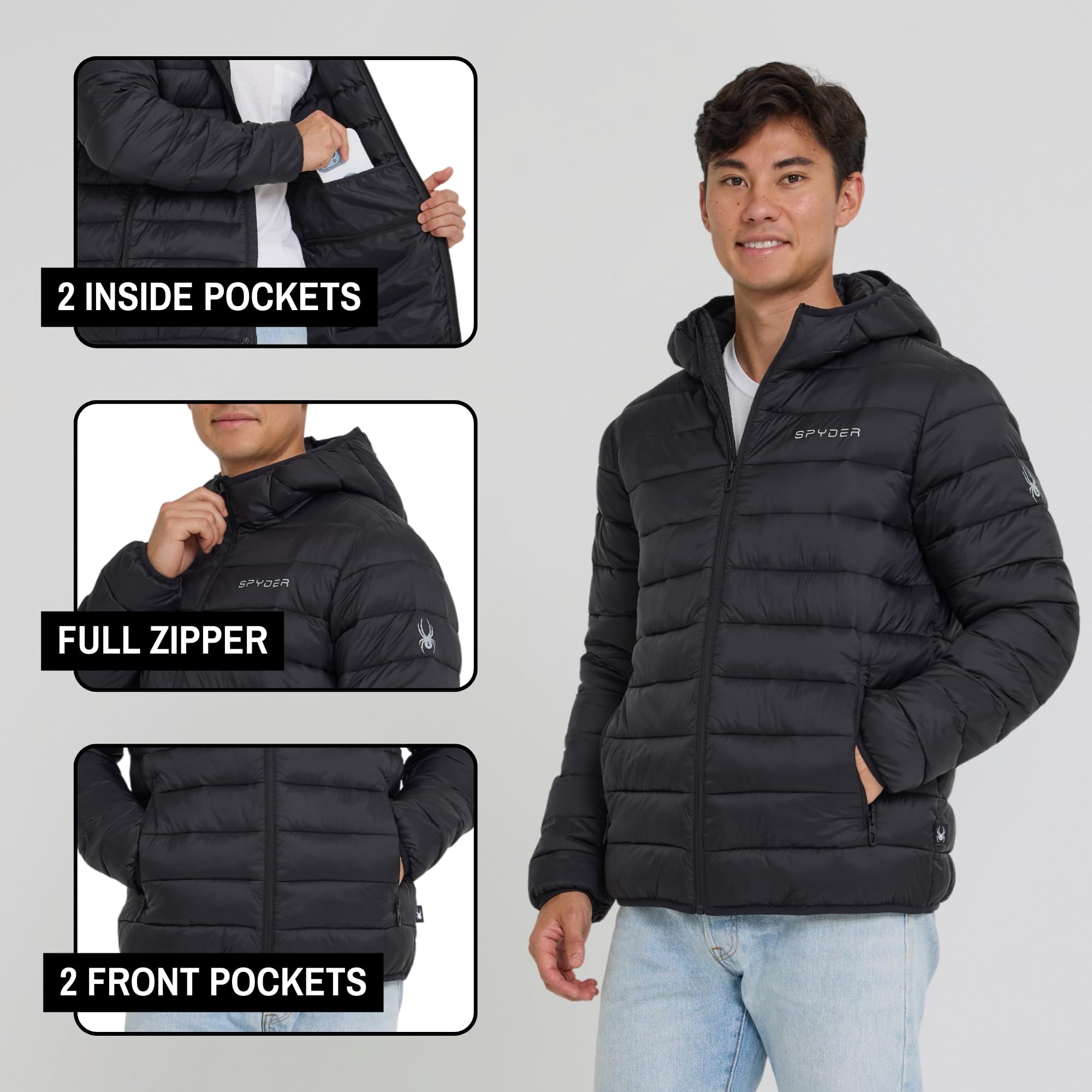Spyder Packable Puffer Jacket Men with Hood, Lightweight Winter Jackets for Men