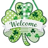 St. Patrick's Day Wooden Welcome Sign, Rustic Shamrock Door Hanger with Striped Plaid Polka Dot Patterns & Rounded Edges for Farmhouse Indoor Outdoor Decor