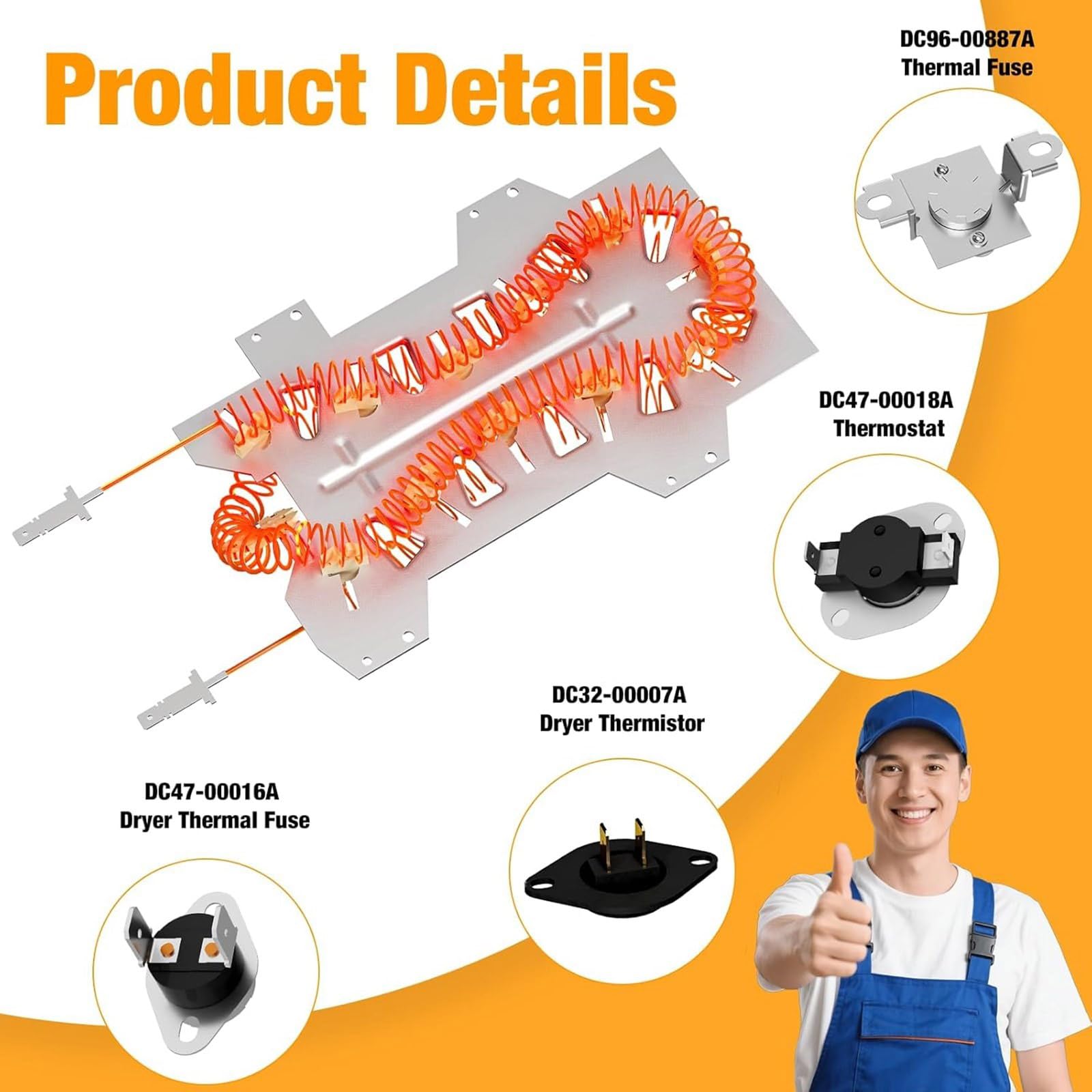 Accesorios de máquina de secado de piezas de calefacción de metal, textura de metal para reparación de secadora con cable extendido y alta resistencia