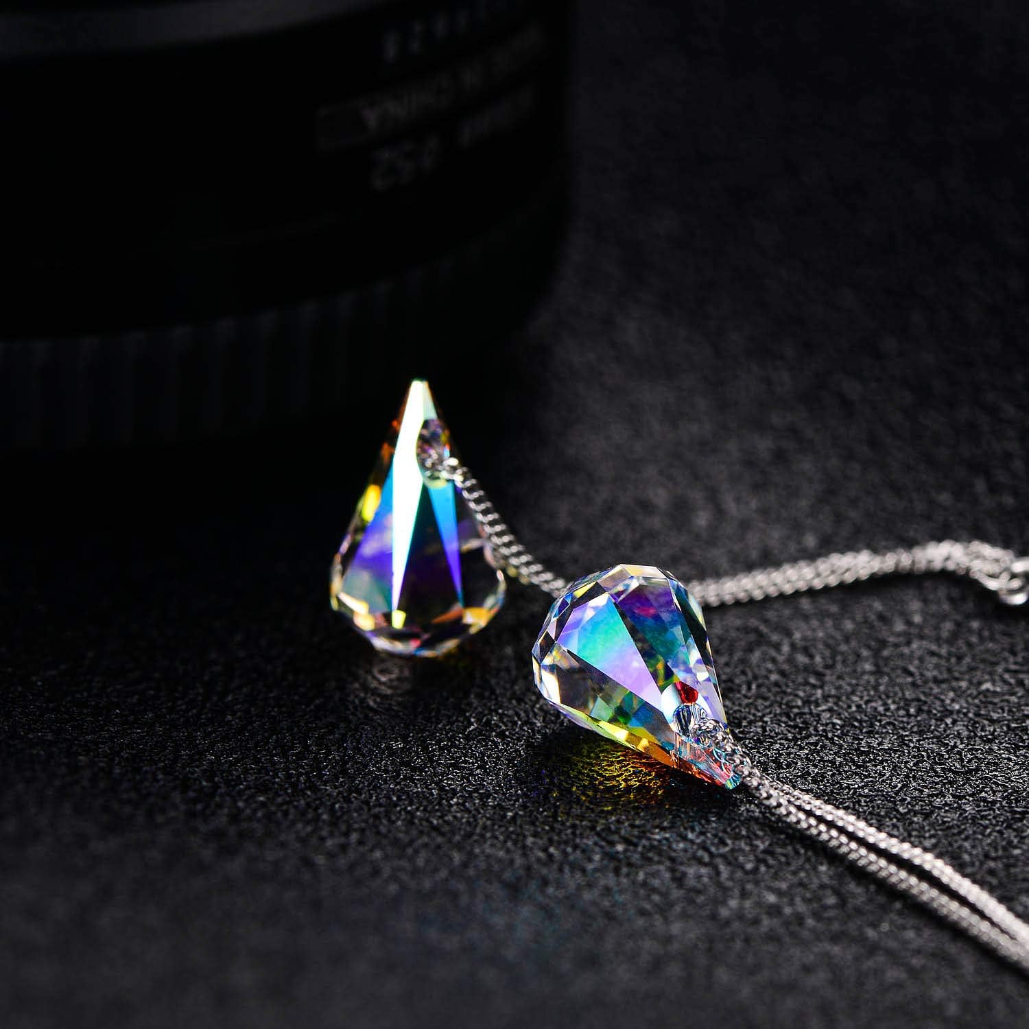 AOBOCO 925 Sterling Silver Teardrop Drop Dangle Earrings with Aurora Borealis Austrian Crystals