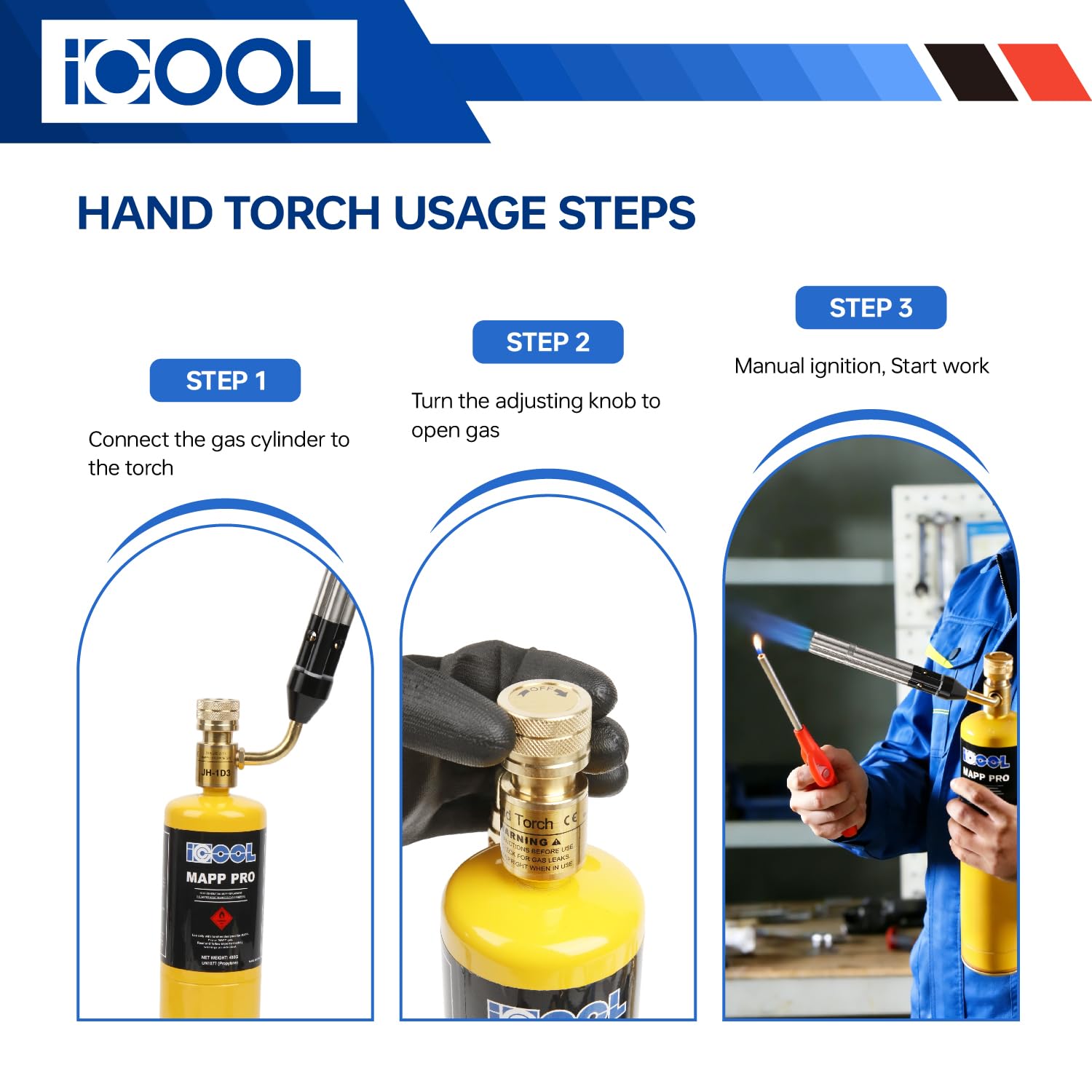 ICOOL Linterna de mano de triple llama, temperatura máxima de 1,982.2 °C, antorcha de gas propano MAPP para soldadura, fontanería, HVAC