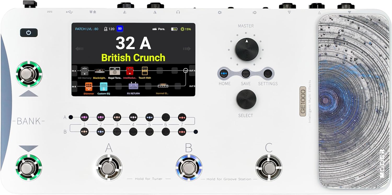 MOOER GE1000 Li White Guitar Mutieffects Pedal Dual Effects Chains Processor with AI Equalization, 5″ Touch Screen, 300+ Effects, Third-brand IRs, Stereo Sound Out Put, XLR, MIDI Port, Guitar/Bass