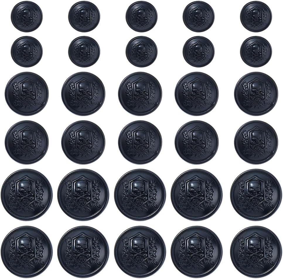 SUPERFINDINGS 30Pcs 3 Sizes Skull Design Alloy Buttons Antique Silver Skeleton Buttons 15mm 21mm 24.5mm Flat Round Alloy Shank Button with Hole for Crafts Sewing DIY Jackets Decorations