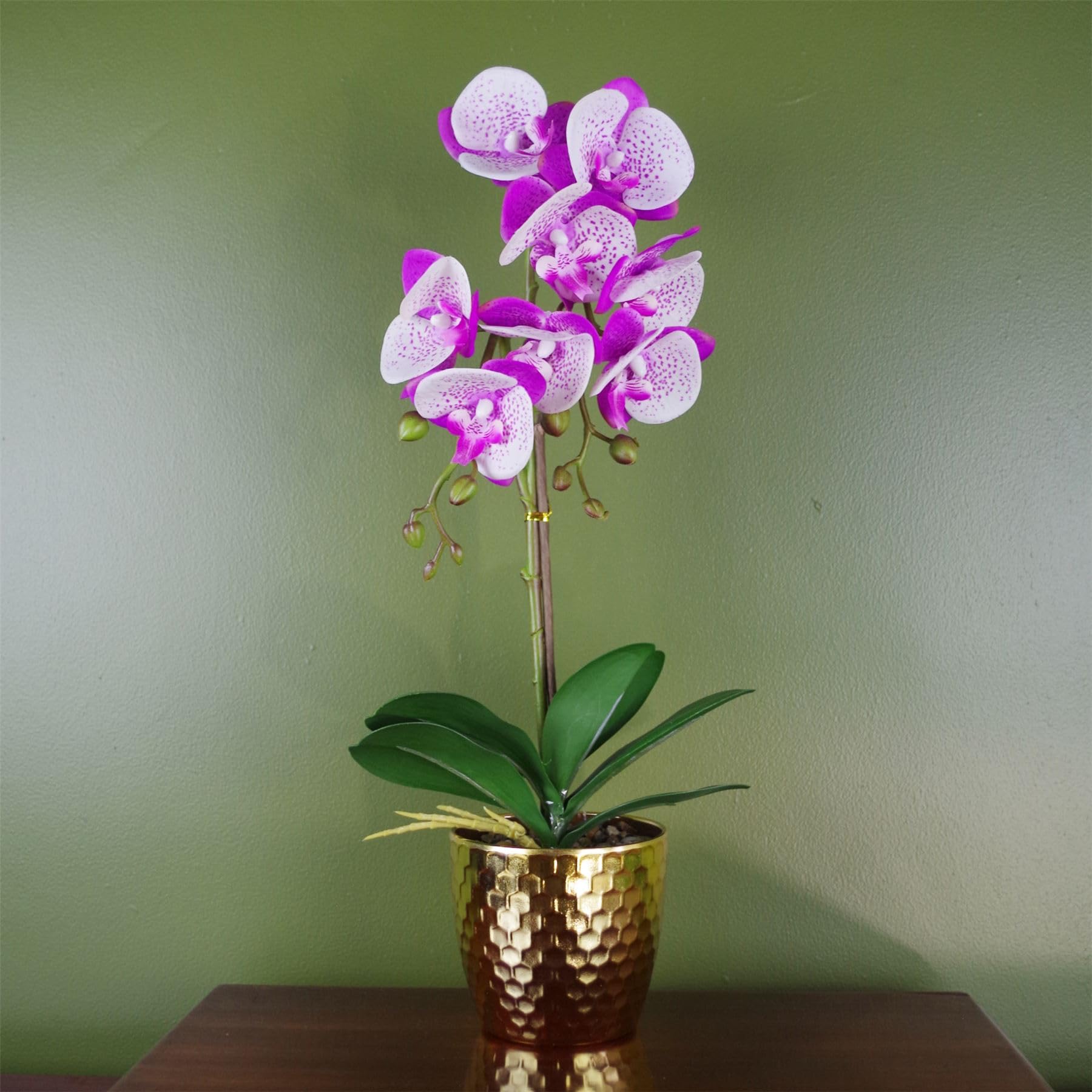 Leaf 50cm Phalaenopsis Orchid Artificial - Purple/White - Gold Pot