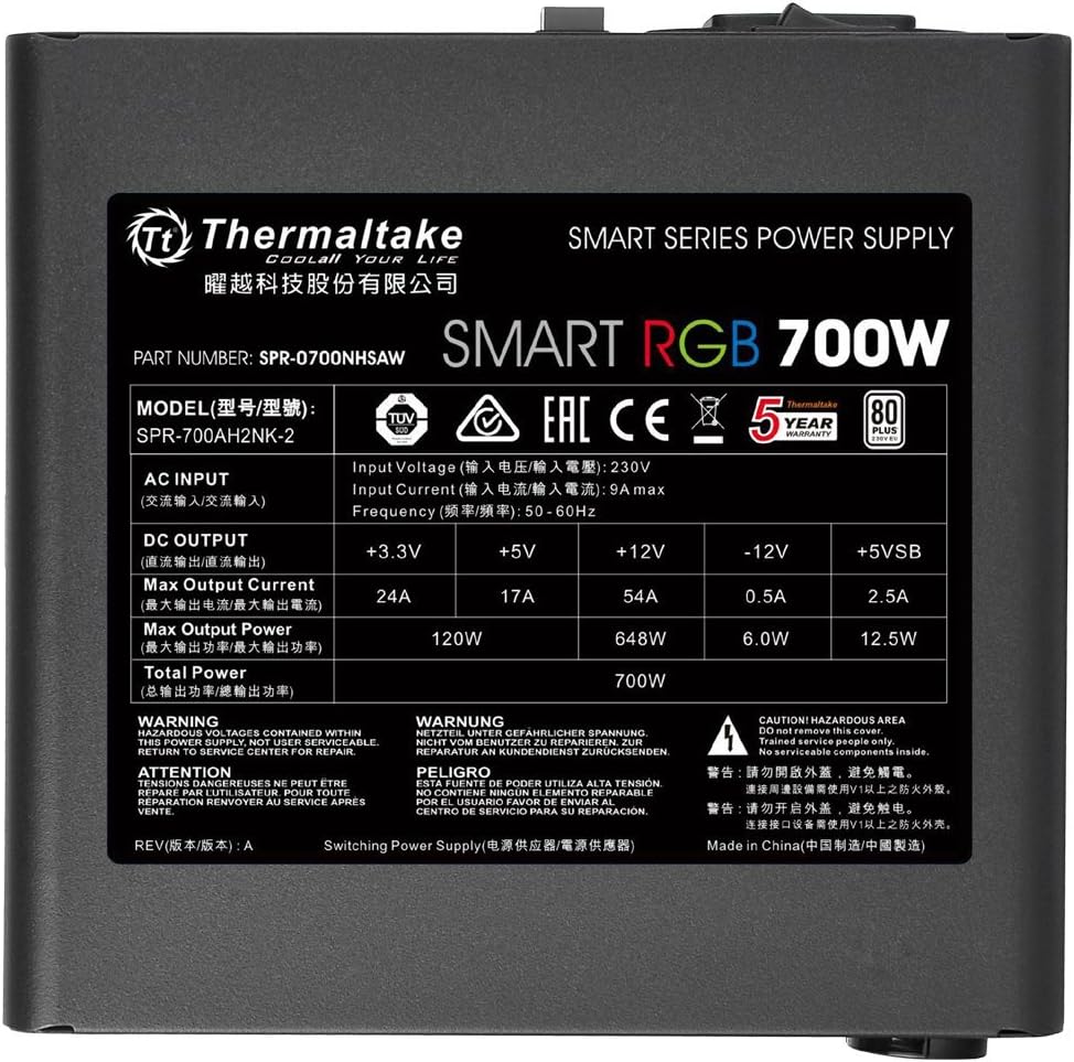 Thermaltake Smart RGB, 80+ Certified 700W Power Supply with 256-Color RGB Fan thumbnail 4