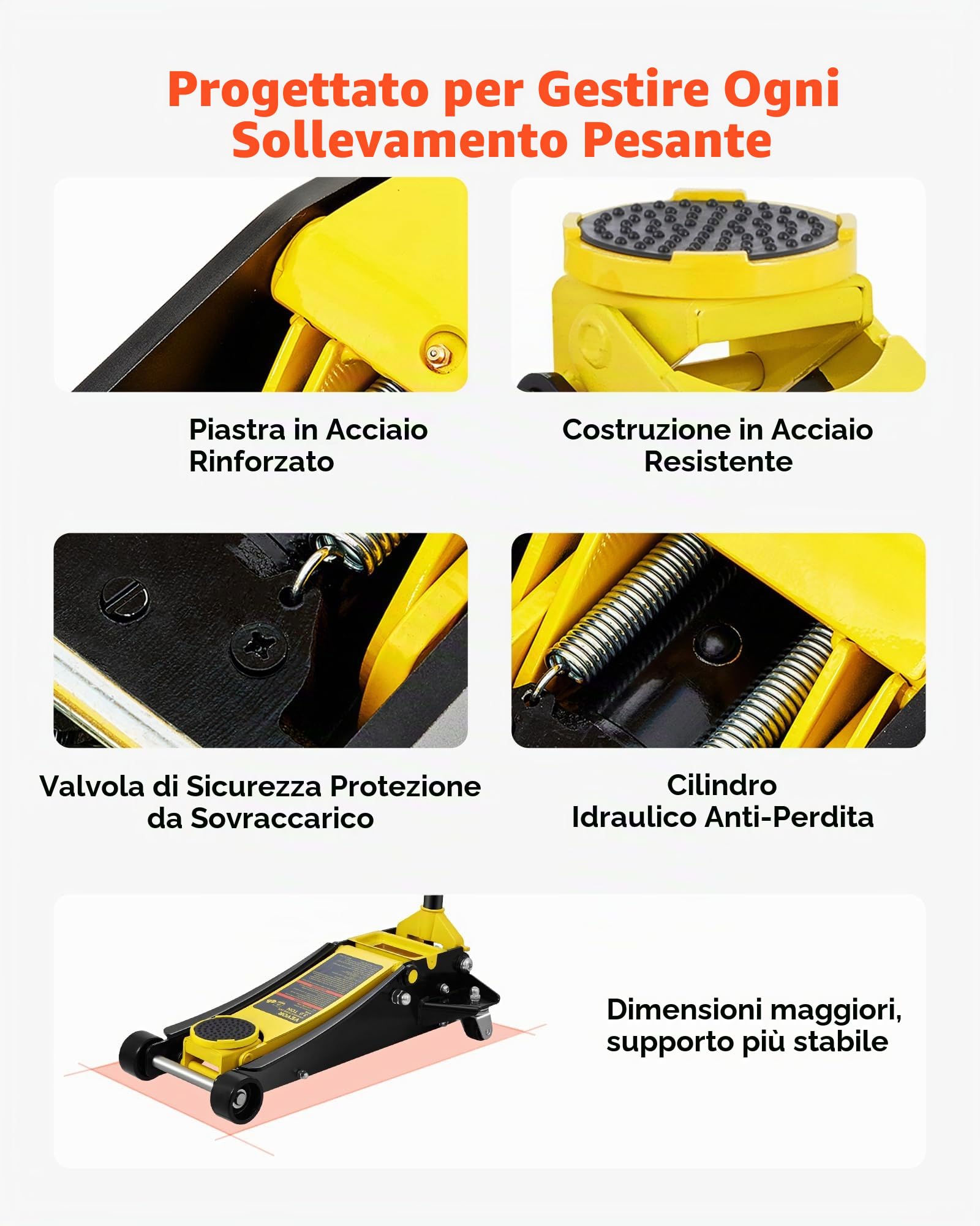 VEVOR Martinetto da Pavimento a Basso Profilo 3 Tonnellate Martinetto da Pavimento da Corsa in Acciaio per Carichi Pesanti con Pompa a Sollevamento a Doppio Pistone, Campo di Sollevamento 75-495 mm