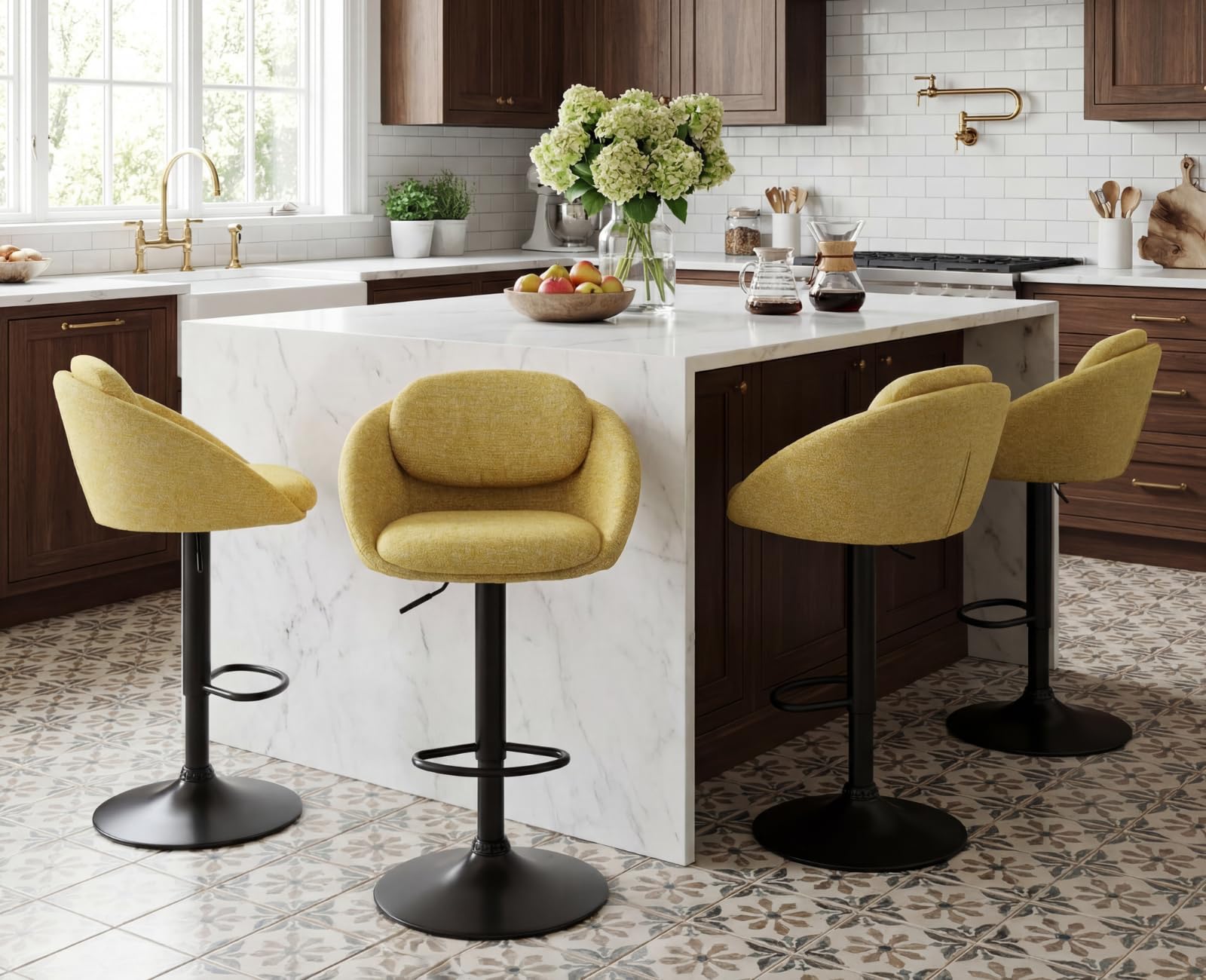 Ya-Home Tabouret de Bar Moderne Pivotant Lot de 2, Jaune | Chaises de Bar en Chenille, Chaise Haute Cuisine Réglable en Hauteur, Tabouret Haut avec Dossier Courbé