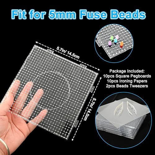 Miniatura 10 de Tableros de cuentas fusibles, 6 piezas de 0.197 in, cuadrados grandes de plástico transparente, tableros de clavijas con 2 pinzas de cuentas y 6
