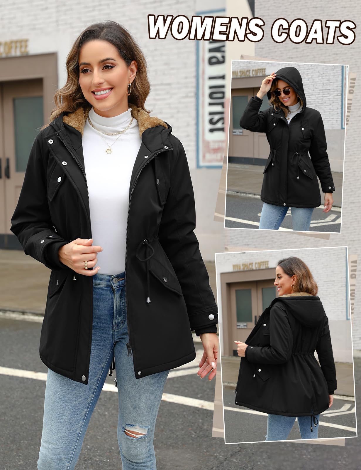 Women's Winter Coat Thicken Fleece Lined Parka Anoraks Cozy Warm Snow Coat Mid Length Hooded Jacket With Fur Hood At Women's Coats Shop