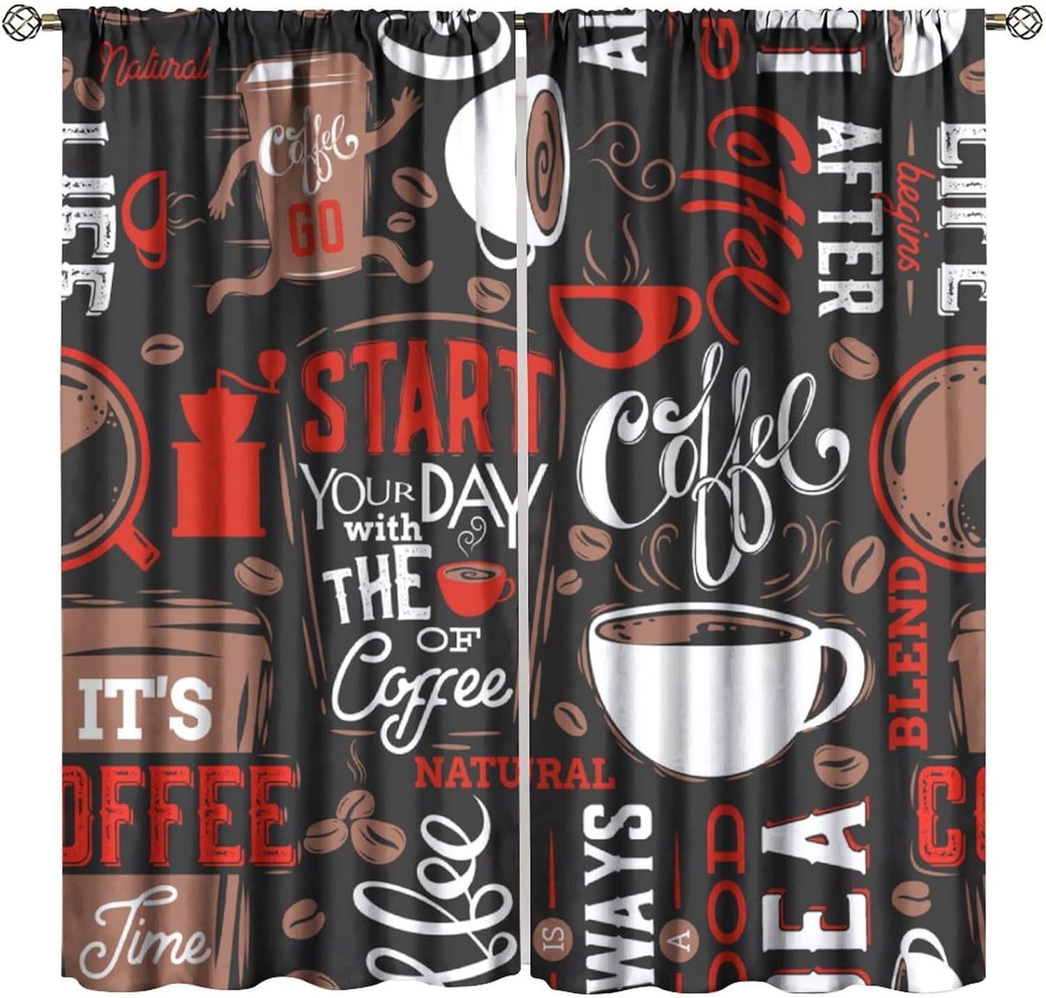 Coffee Curtains Black Retro Brown White Doodle Small Cafe Rod Pocket Blackout Window Drapes for Bedroom Living Room Kitchen Cafe Decor （W21xL54 Inch） x2 Panels