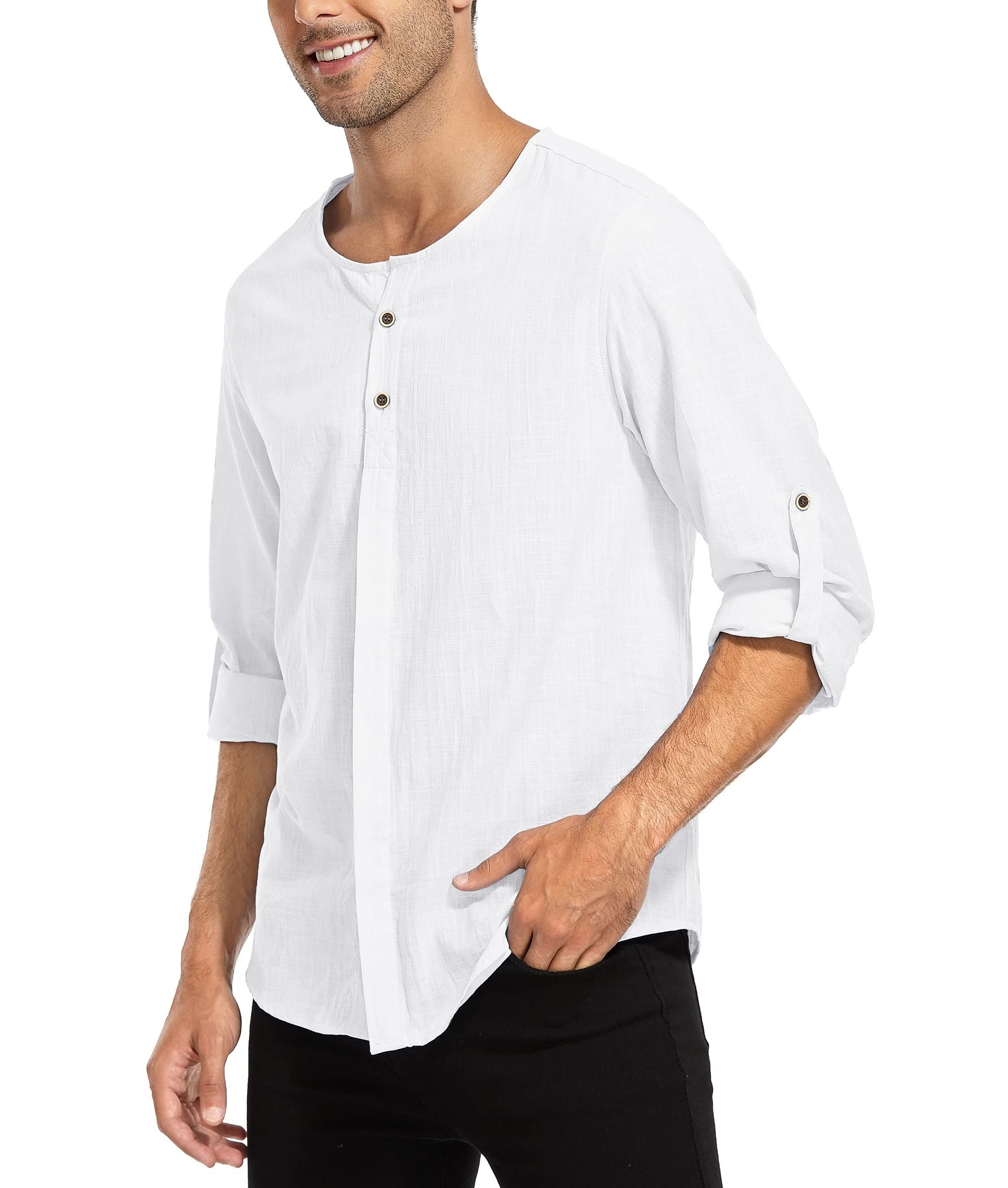 WAZZAP Camisa Hombre de Algodón de Lino Manga Larga Casual con Botones Top