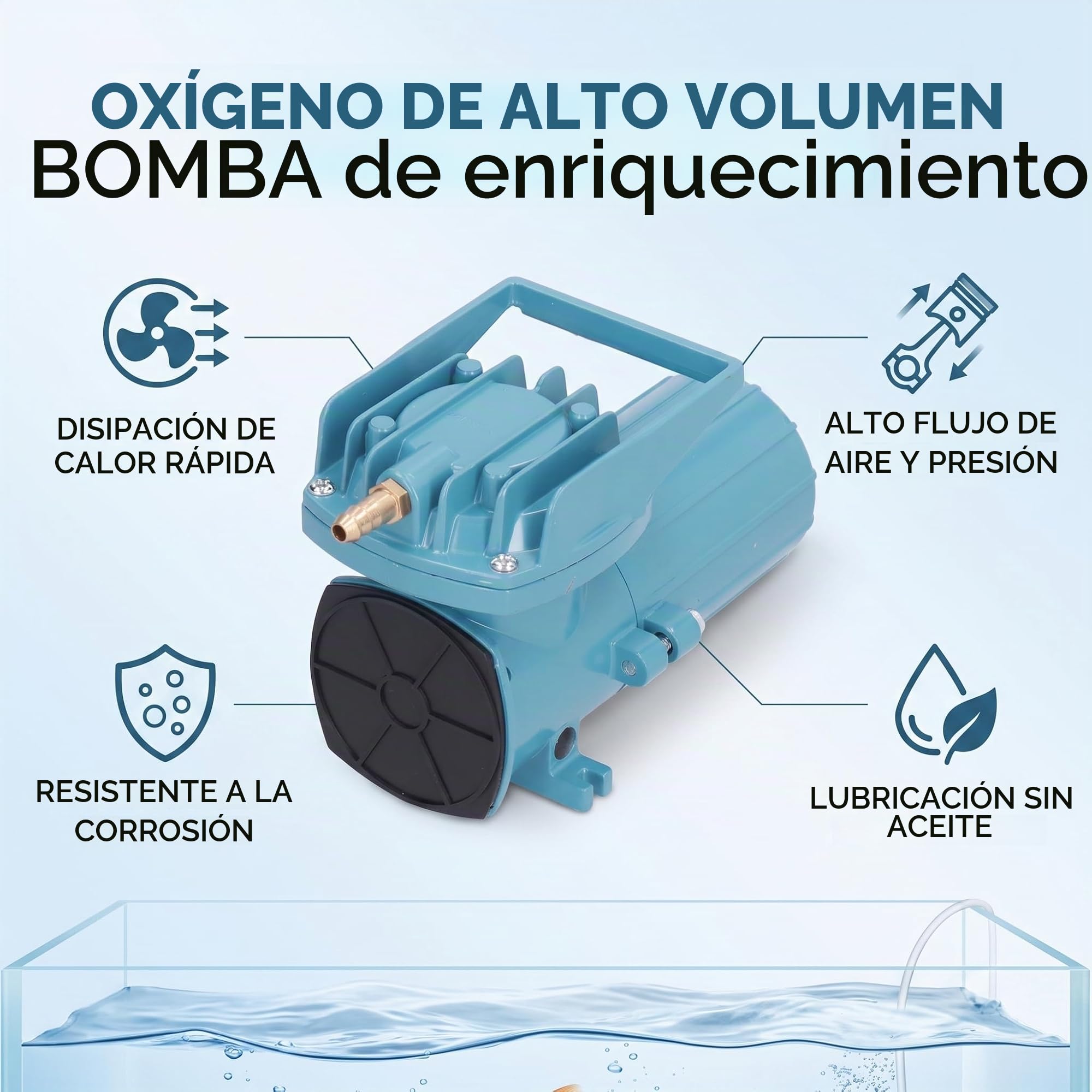 Bomba de Aire para Acuario 12V, Motor CC 18W Caudal 38L/min, Aireador Sin Aceite para Estanques, Oxigenador con Carcasa de Aleación de Aluminio, Uso Estable