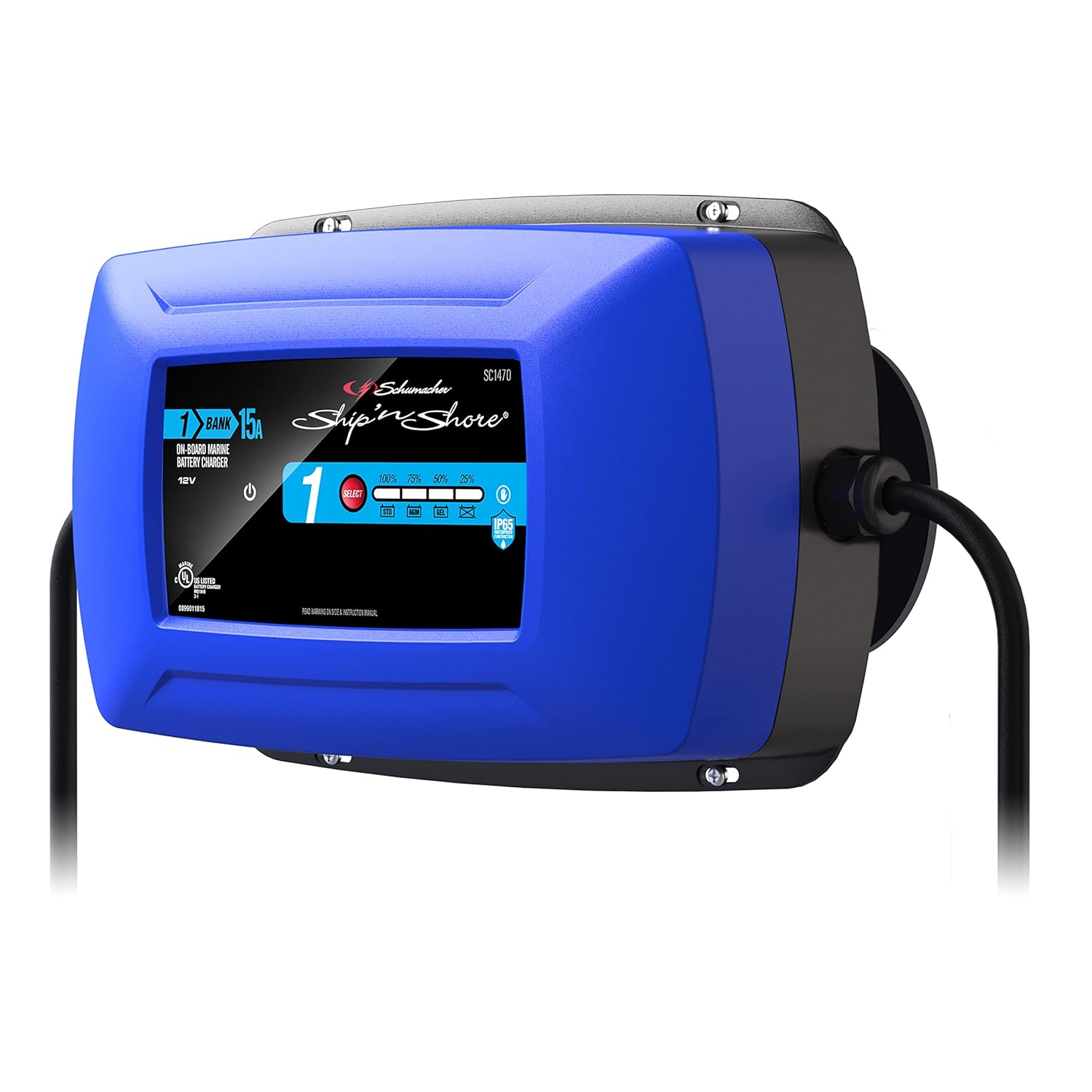Carregador de Bateria Marinha Schumacher Ship ‘n Shore SC1470 15A 12V - Automático, Resistente à Água, para Baterias Standard, AGM, Gel e Ciclo Profundo