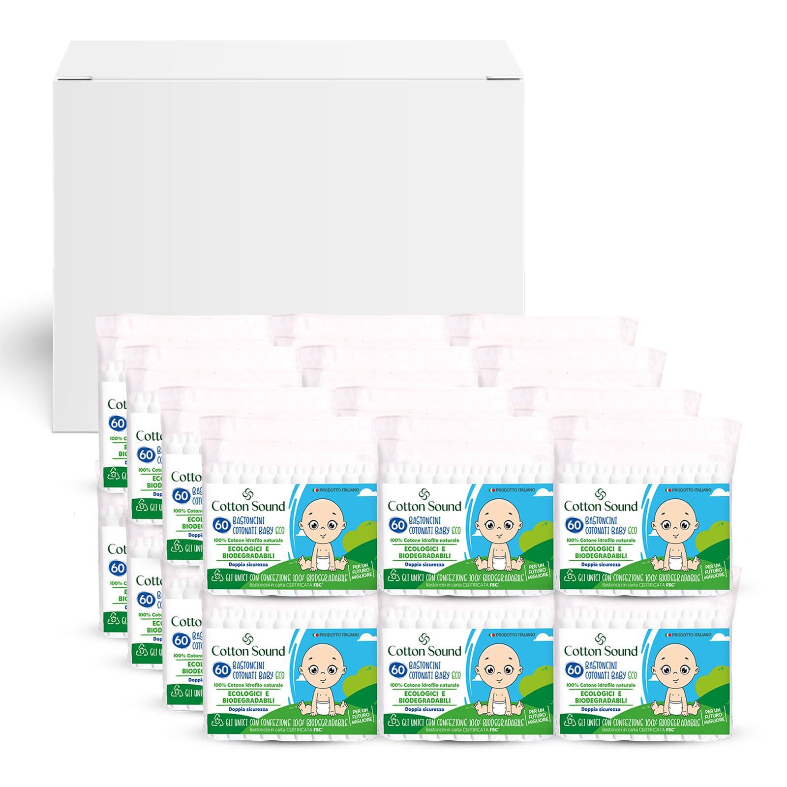 COTTON SOUND ECO Bastoncini Cotonati Baby Busta 24 confezioni x 60 Pezzi, Bastoncini Cotonati per Bambini, Bastoncini Ecologici e Biodegradabili 100% Cotone Idrofilo, Busta Compostabile, Made in Italy