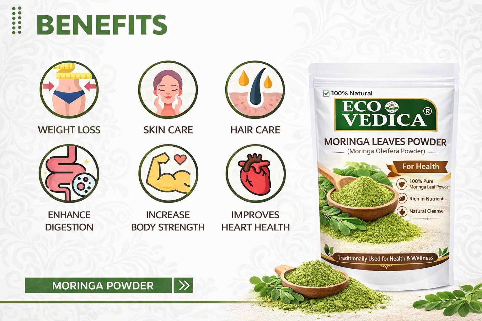 EcoVedica Moringa Powder - 100g, Nutritional Supplement, Essential Nutrition Superfood, Helps Naturally Boost Energy Levels, Improves Stamina & Vitality, Rich in Vitamins & Minerals 1