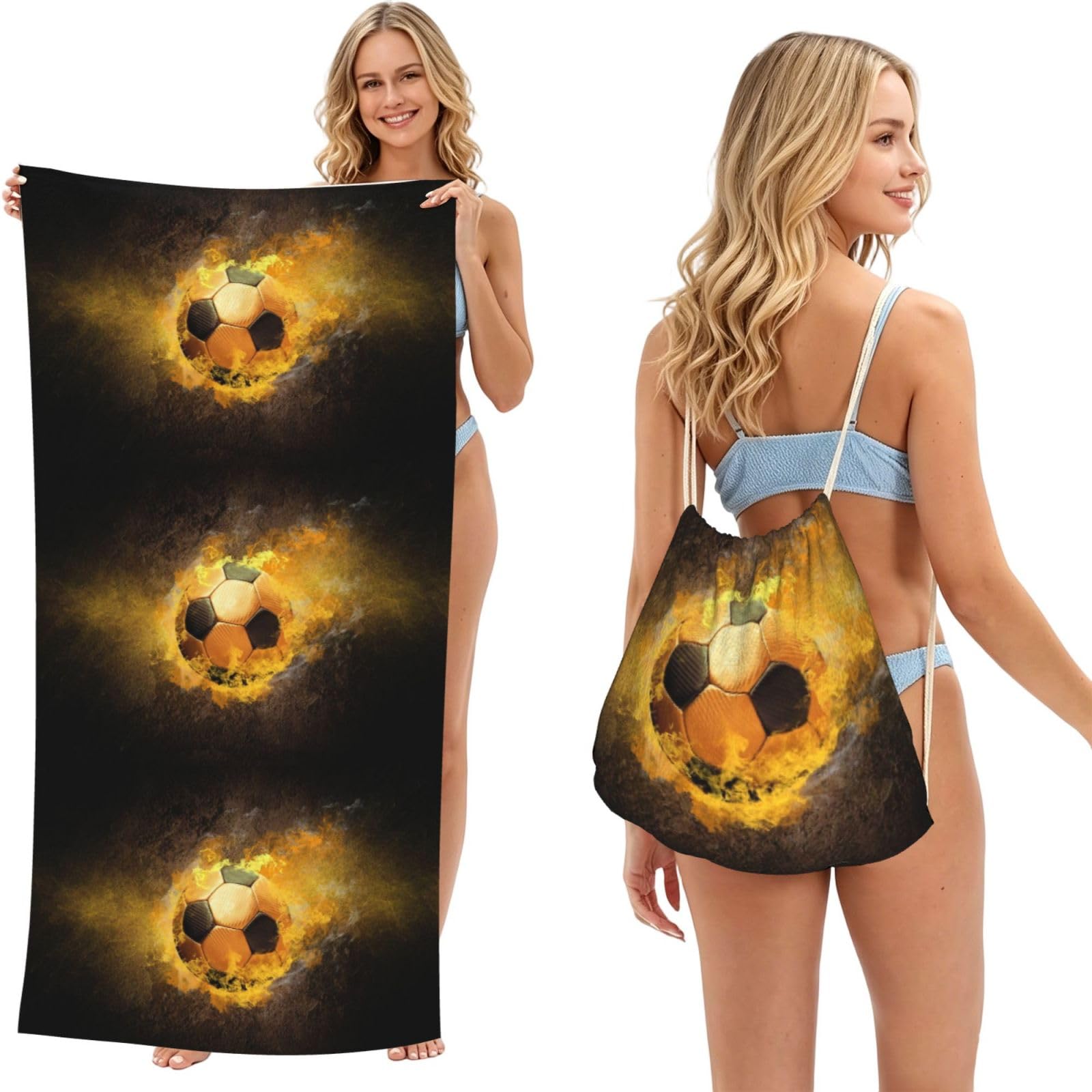 Poadnly As Picture Football Soccer, 2 In 1 Packable Towel Bag, Beach Towels With Drawstring Backpack For Travel Holiday Camping