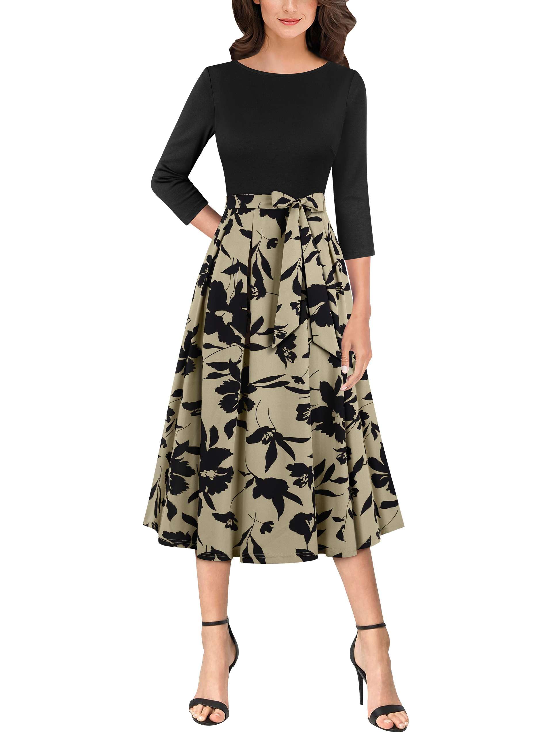 VFSHOW Womens Elegant Pockets Belted Work Business Office Casual Party Pleated A-Line Midi Dress