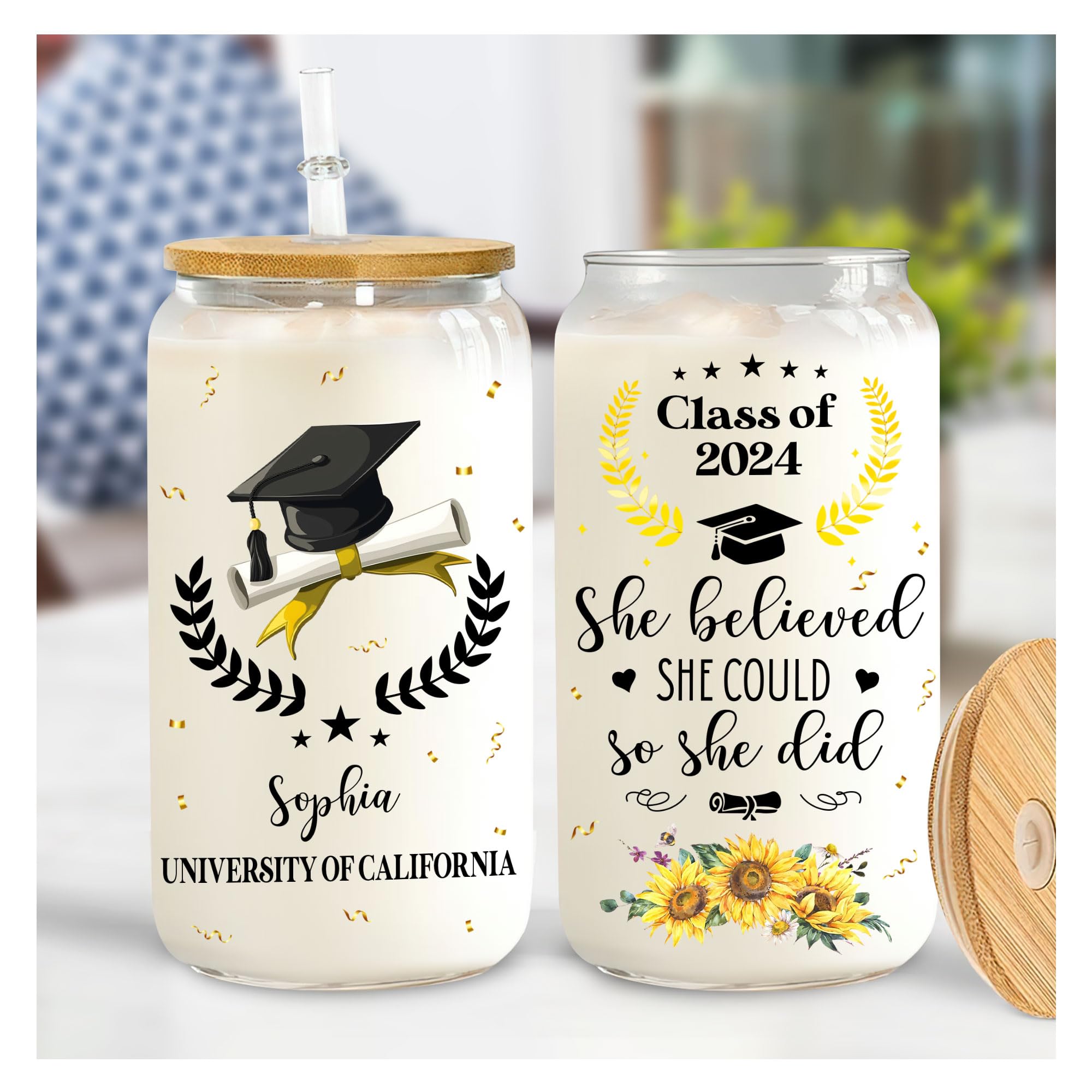 Hyturtle Personalized Graduation 2024 Glass Cup - She Believed She Could So She Did - Glass Cup 16 Oz With Lids And Straws, Gift For Her, Graduated Student, Senior, Back To School, Gift For Friend