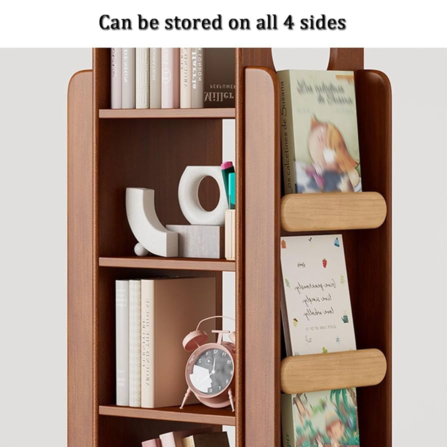 木製回転式　本棚、CDラック 本棚 回転式 ブックラック 8段 大容量 スリム 省スペース