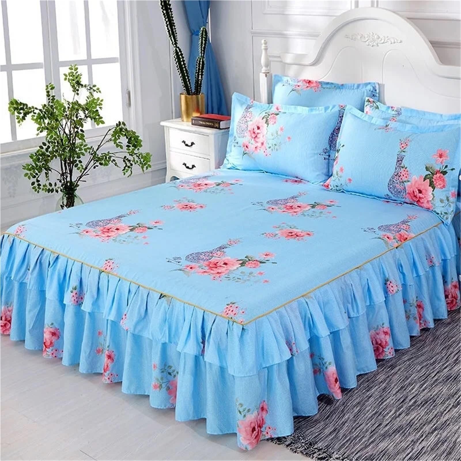 3pcs Bedding Simple Flower Bed Skirt With Pillowcases Wedding Bedspread Bed Sheet Mattress Cover(Color-18,3pcs 180x200cm)