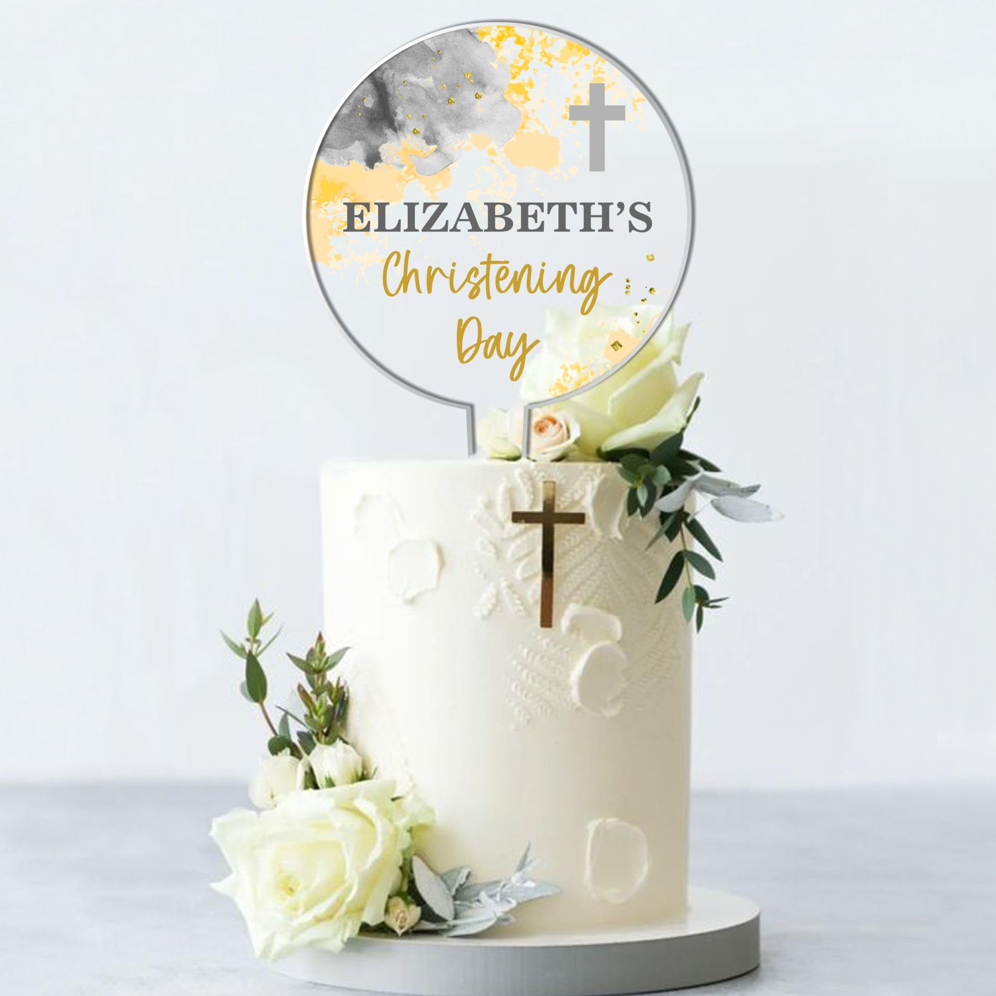 Personalised Religious Cake Topper – Custom Name & Occasion – Christening, Communion or Confirmation – Acrylic Watercolour Design with Cross Cake Decoration (Christening, Grey & Lemon)