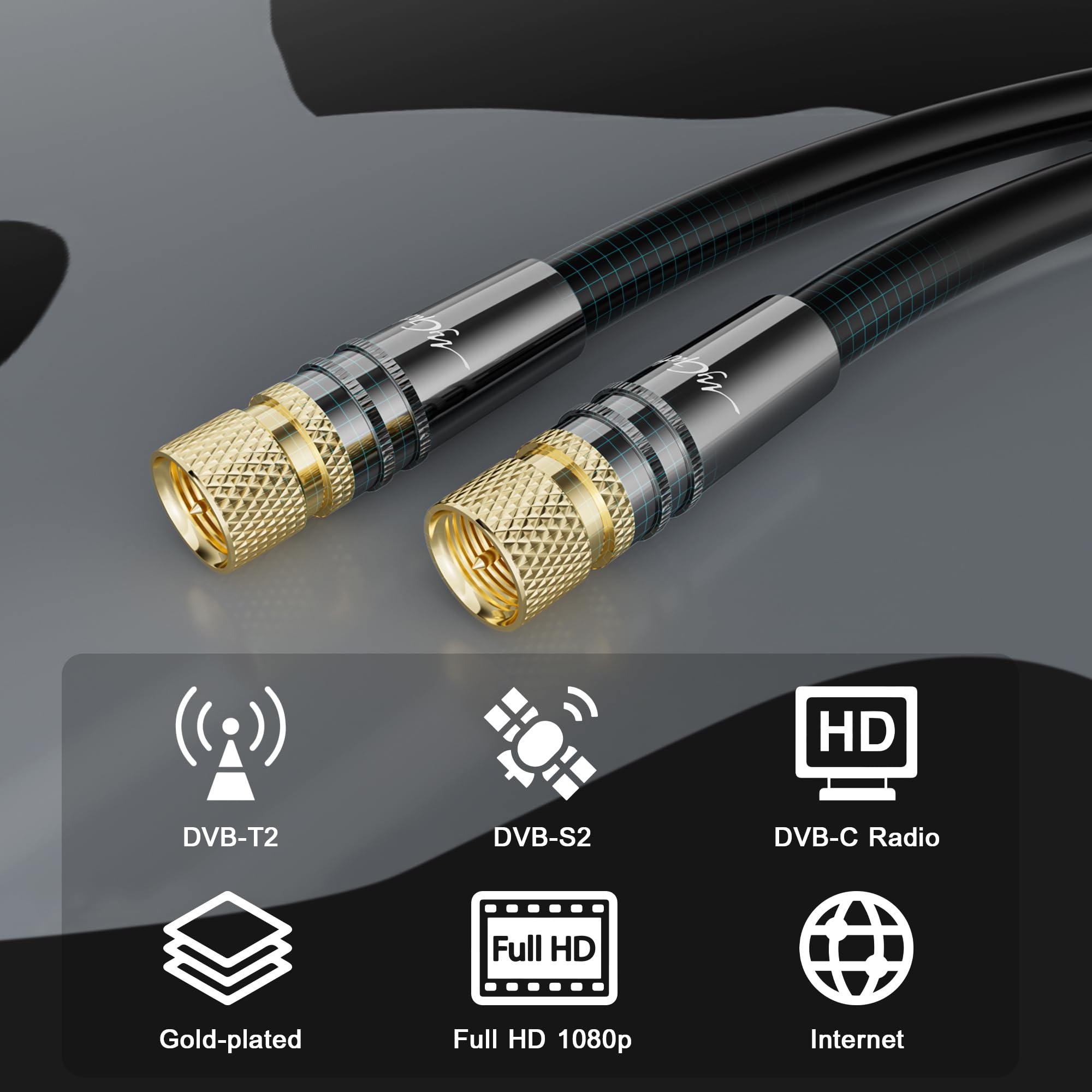 Câble d'antenne de 1.5 mètres, câble satellite coaxial HD–2x connecteurs F,capuchon en métal plaqué or, prend en charge HDTV,DVB-T2, DVB-C, DVB-S, pour réception numérique et analogique.