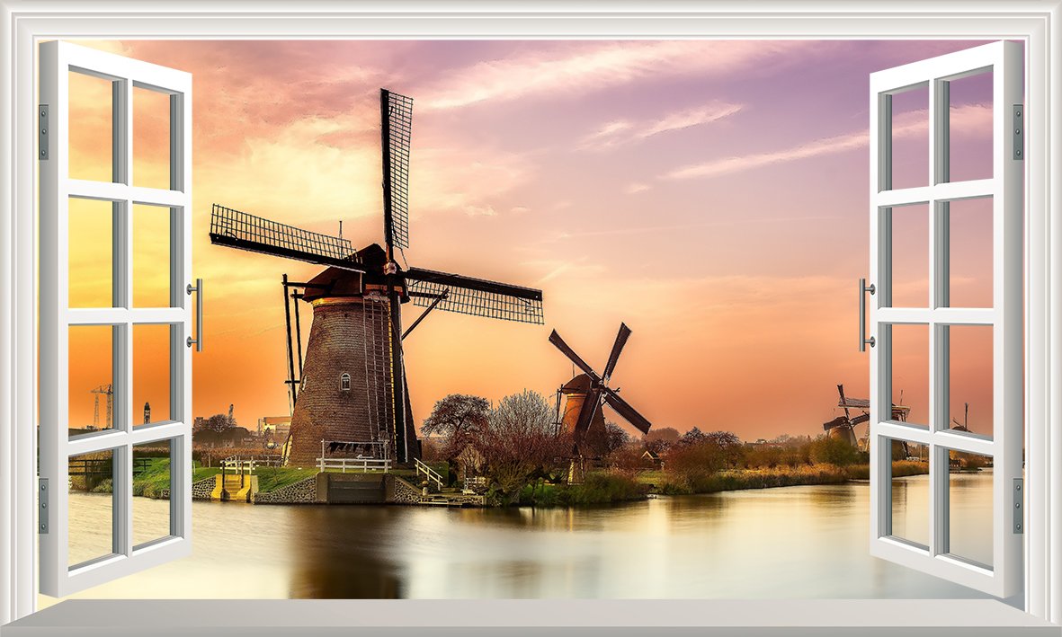 Chicbanners Holland Dutch Windmill Windmills 3D V003 Magic Window Wall Sticker Self Adhesive Poster Wall Art Size 1000Mm Wide X 600Mm Deep (Large)