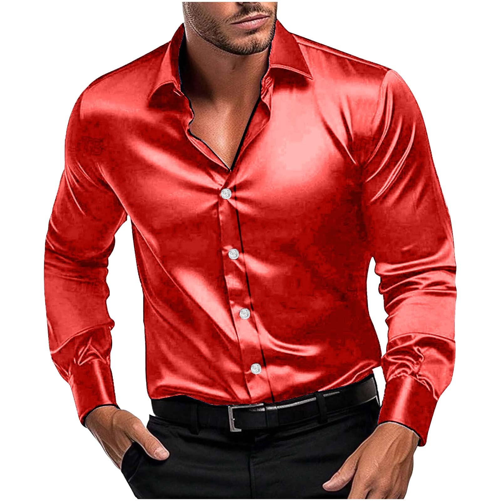 Men Long Sleeve Satin Dress Shirt Shiny Embroidery Silk Like Button Down Casual Luxury Prom Wedding Party Disco Solid