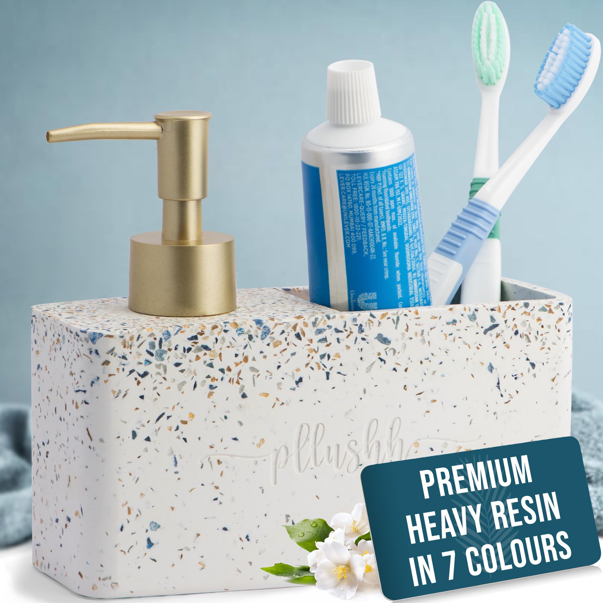 pllushh resin Liquid Soap Dispenser for Bathroom Set (Blue Terrazzo) - Dispenser Set for Bathroom Accessory, Soap Dispenser Holder for Bathroom Soap and Brush Holder Bathroom Organiser Set