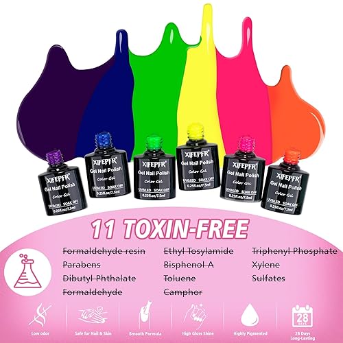 Miniatura 7 de Kit de esmalte de uñas de gel neón con luz UV, 6 colores, rosa intenso, azul, morado, arco iris, lámpara LED de uñas de 54 W, capa base y capa