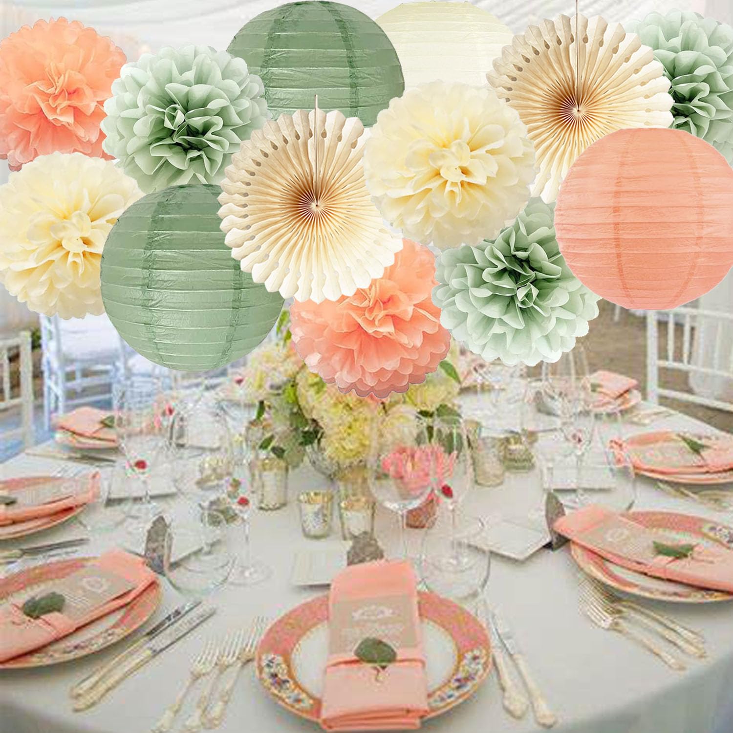 Décorations de fête vert sauge doré ou crème pompons en papier de soie lanternes vert sauge confettis pois décoration de table pour mariage, fiançailles, fête prénatale Décorations de fête vert sauge doré ou crème pompons en papier de soie lanternes vert sauge confettis pois décoration de table pour mariage, fiançailles, fête prénatale