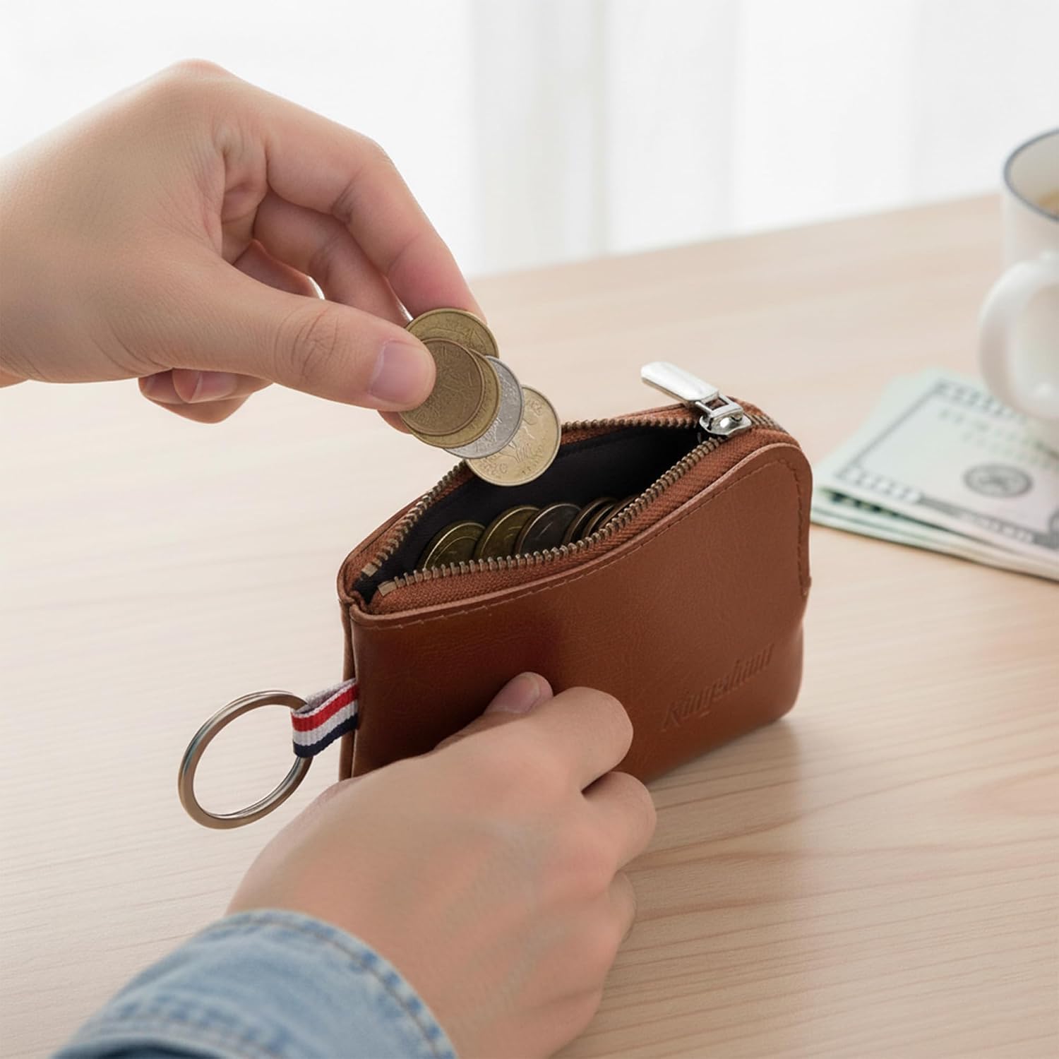 Genuine Leather Mini Coin Purse Keychain, Small Change Pouch Wallet with Clip Ring and Inner Key Holder, Compact Coin Wallet for Keys, Coins, Cash (Brown)