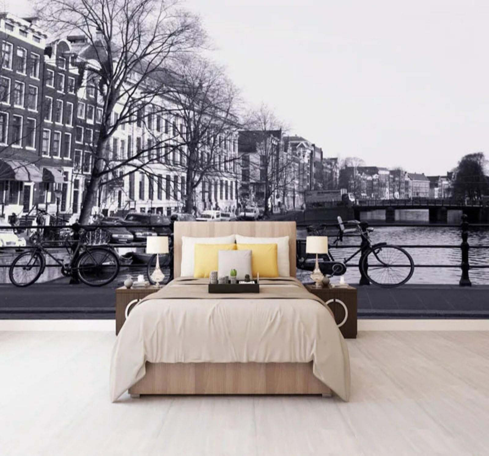 Wallpaper-3D-Xlm 400Cm×280Cm(B×H) Retro Black And White City Architecture Streets Bicycles 3D Wallpaper Easy Install Feature Office Living Room Sofa Bedroom Tv Background Wall Decoration-400Cm×280Cm